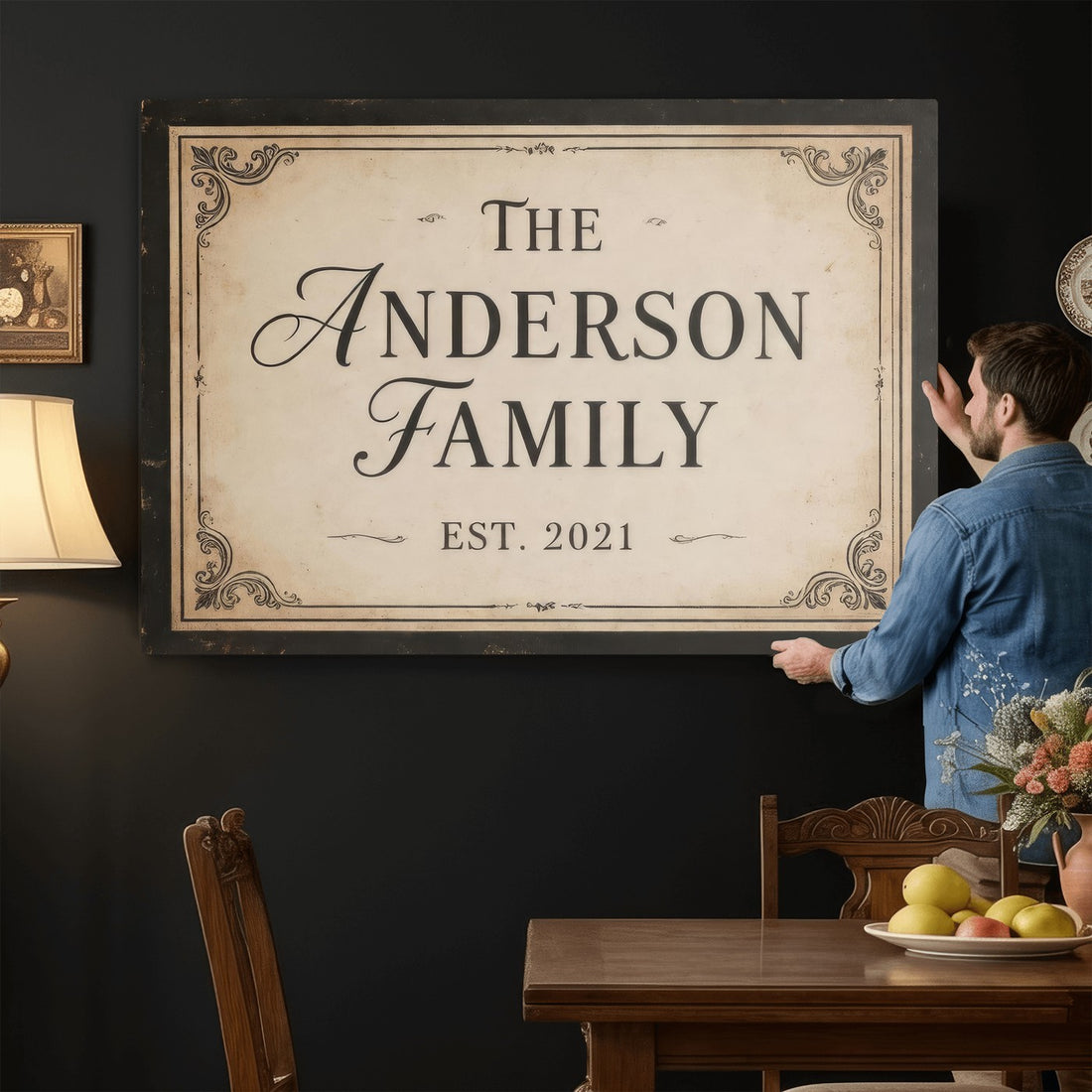 Personalized Family Established Sign Canvas Print, Vintage Charcoal
