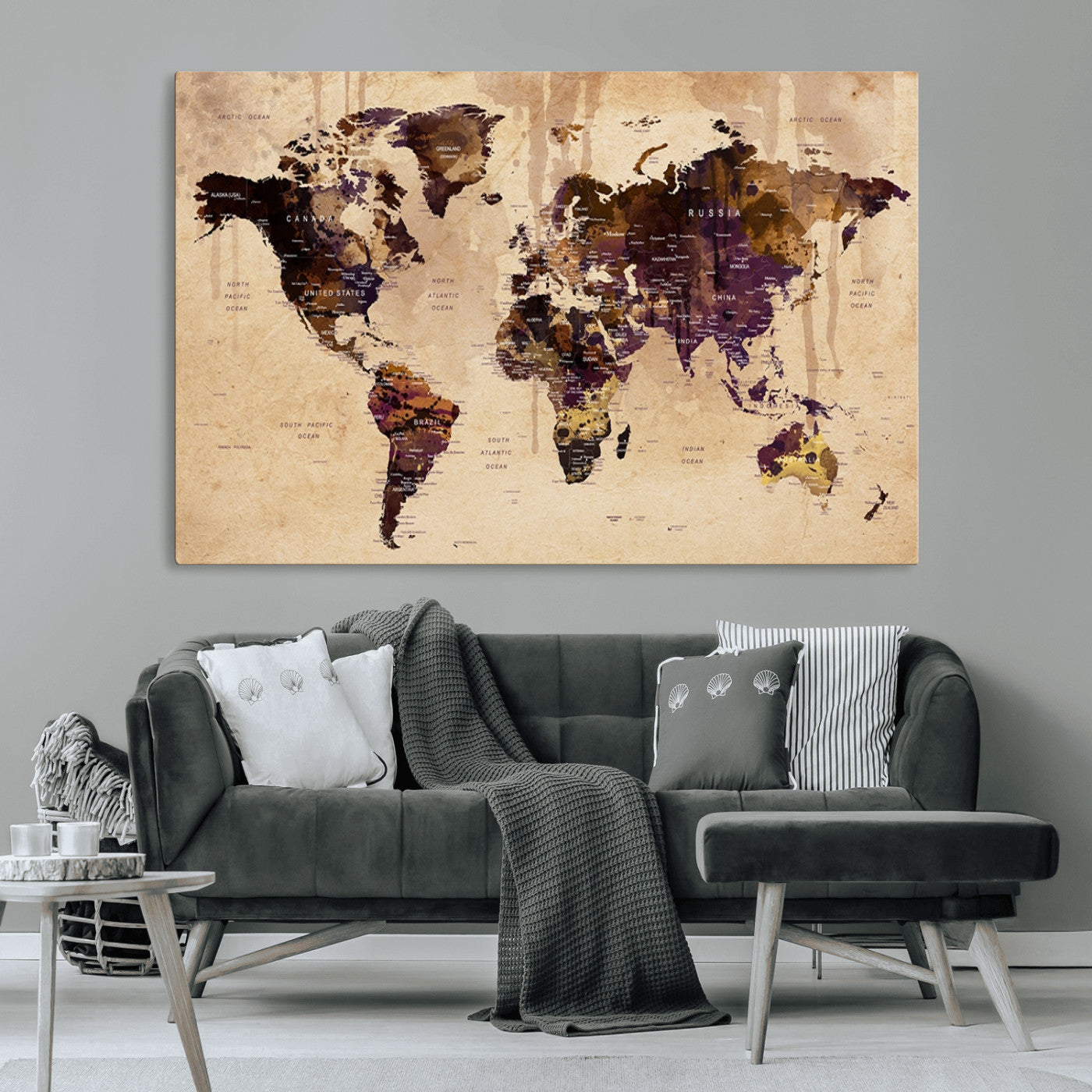47333-MGV-CV-36X24-Vintage World Map Canvas Wall Art – Framed Push Pin Travel Map for Home and Office Decor