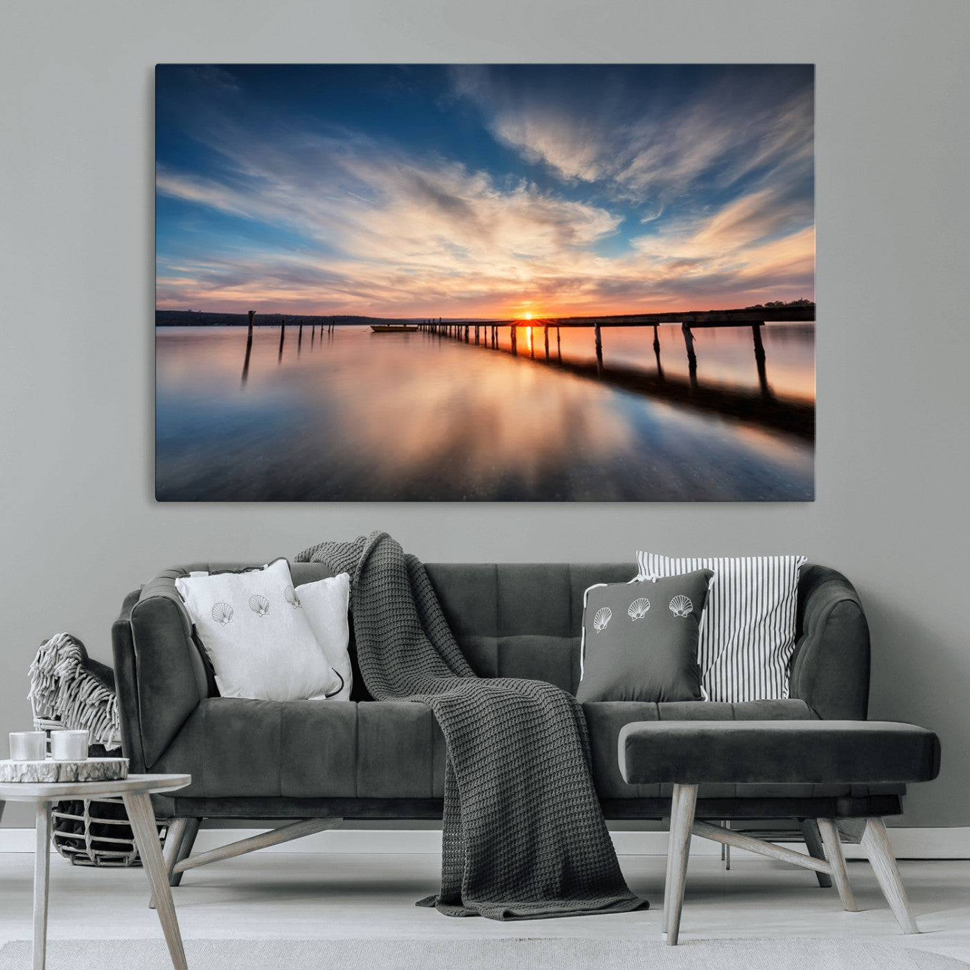 39967-MGV-CV-36X24-Wooden Pier on Seascape and Sunset Wall Art Canvas Print