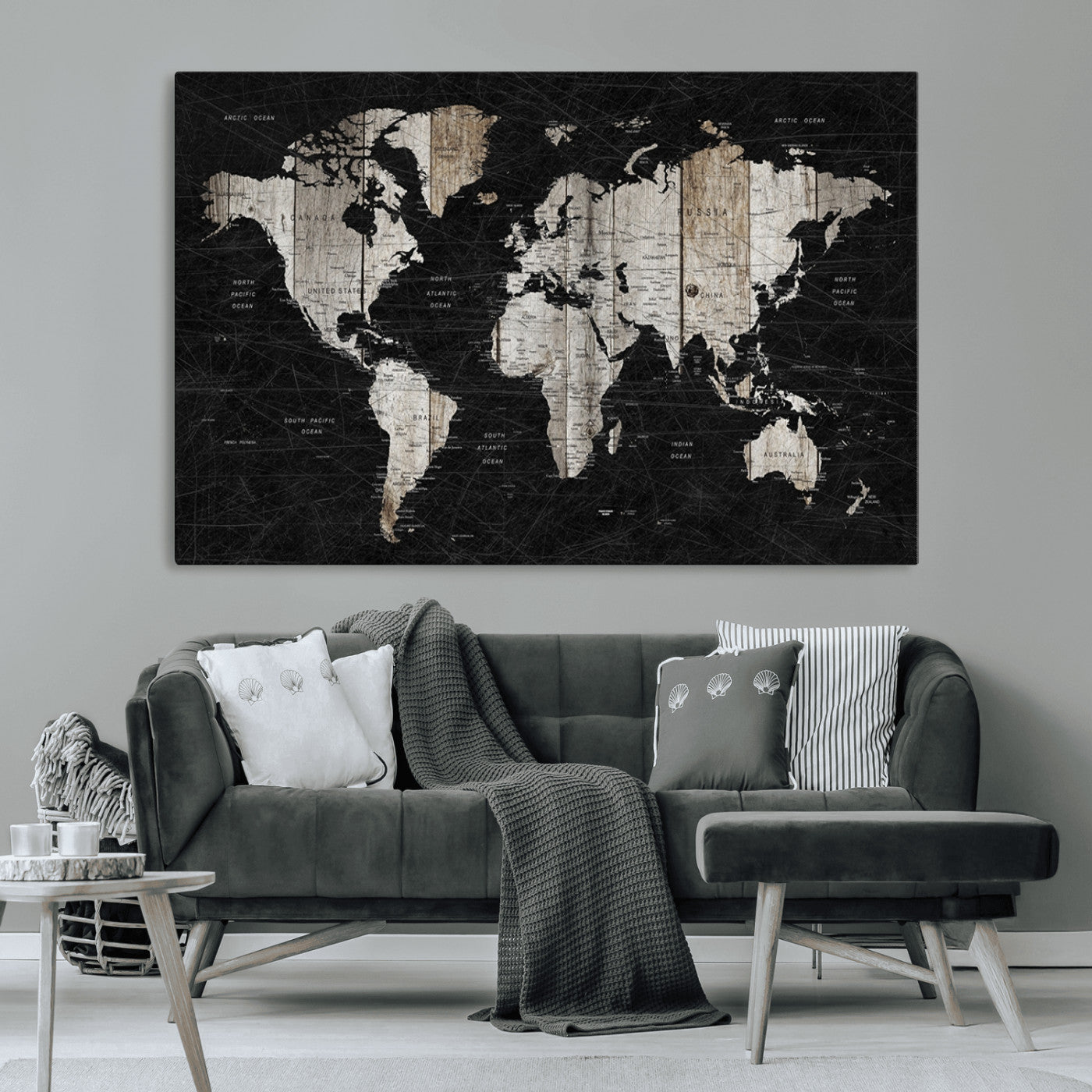 89998-MGV-CV-36X24-Rustic Black and Wood World Map Canvas Wall Art – Framed Push Pin Travel Map for Home and Office Decor, Modern Vintage Wall Artwork