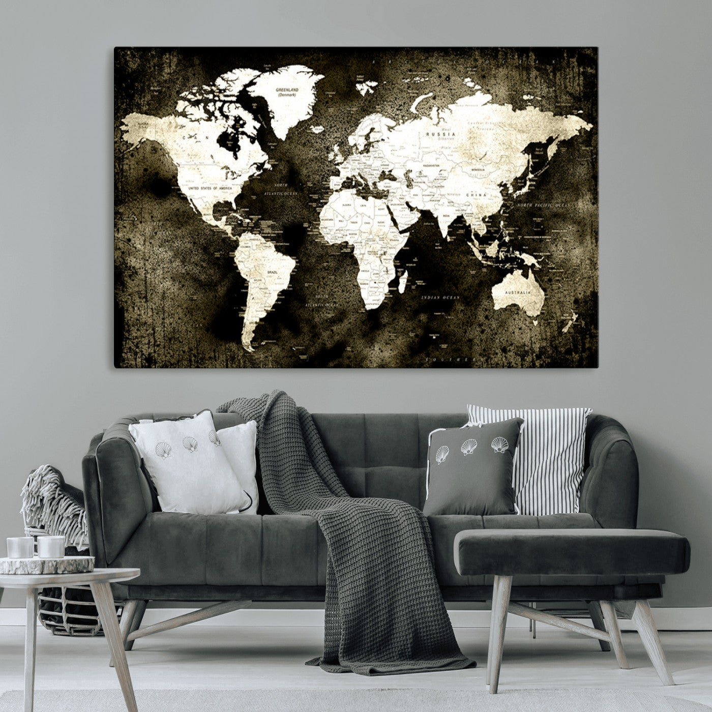 66737-MGV-CV-36X24-Vintage World Map Canvas Wall Art – Framed Push Pin Travel Map for Home and Office Decor, Rustic Wall Artwork for Travelers