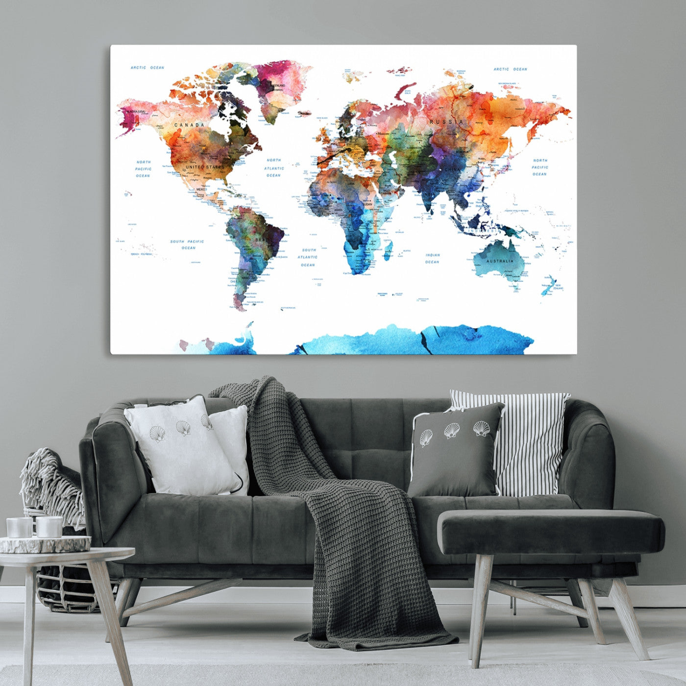 11576-MGV-CV-36X24-Vibrant Watercolor World Map Canvas Wall Art – Framed Push Pin Travel Map for Home and Office Decor, Modern Colorful Wall Artwork