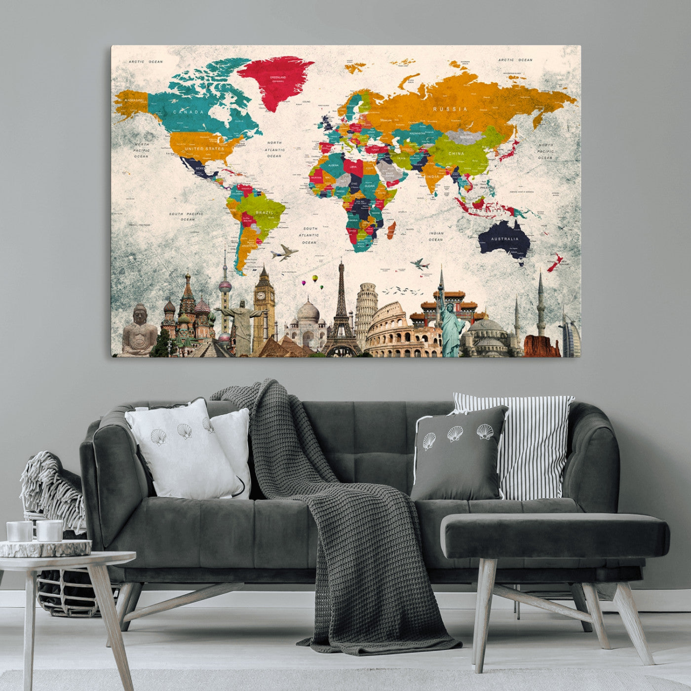 98056-MGV-CV-36X24-Colorful World Map Canvas Wall Art with Landmarks – Framed Travel Map Print for Home and Office Decor, Perfect Gift for Travel Lovers