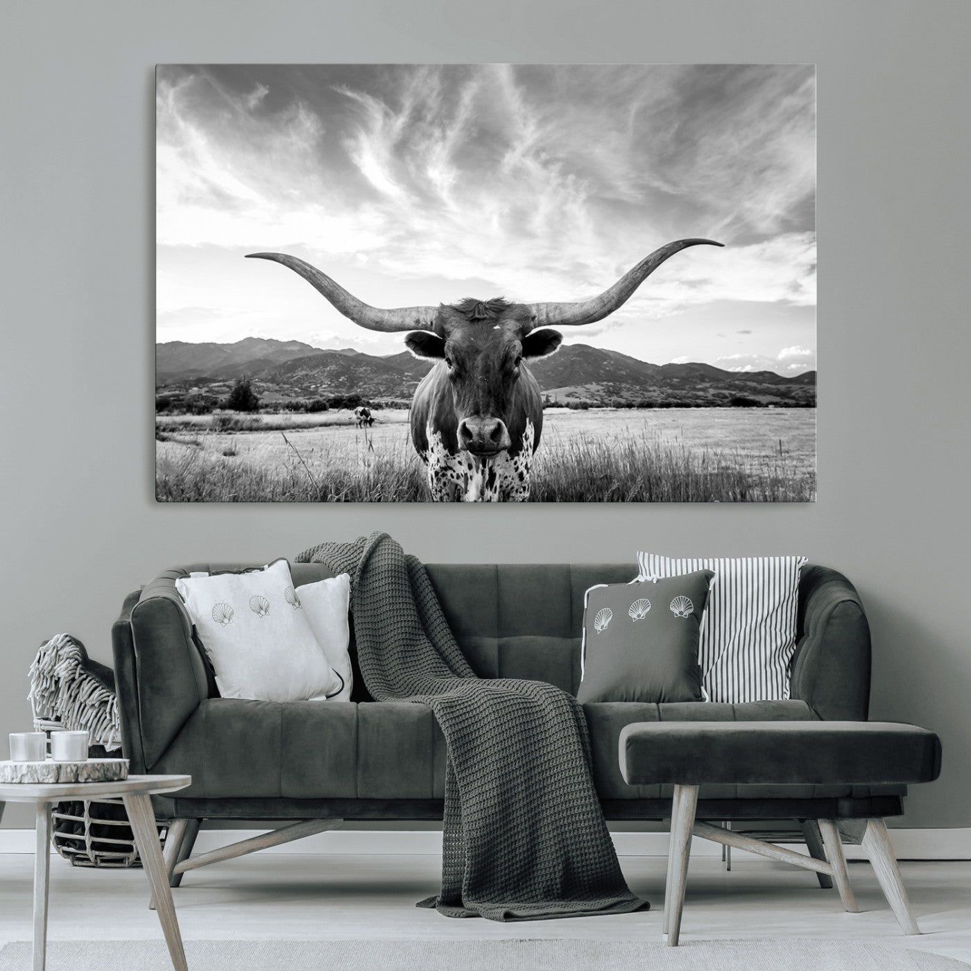 79527-MGV-CV-36X24-Longhorn Black and White Wall Art – Rustic Western Bull Canvas Print, Farmhouse Country Decor for Living Room, Office or Ranch, Cowboy Wall Artwork