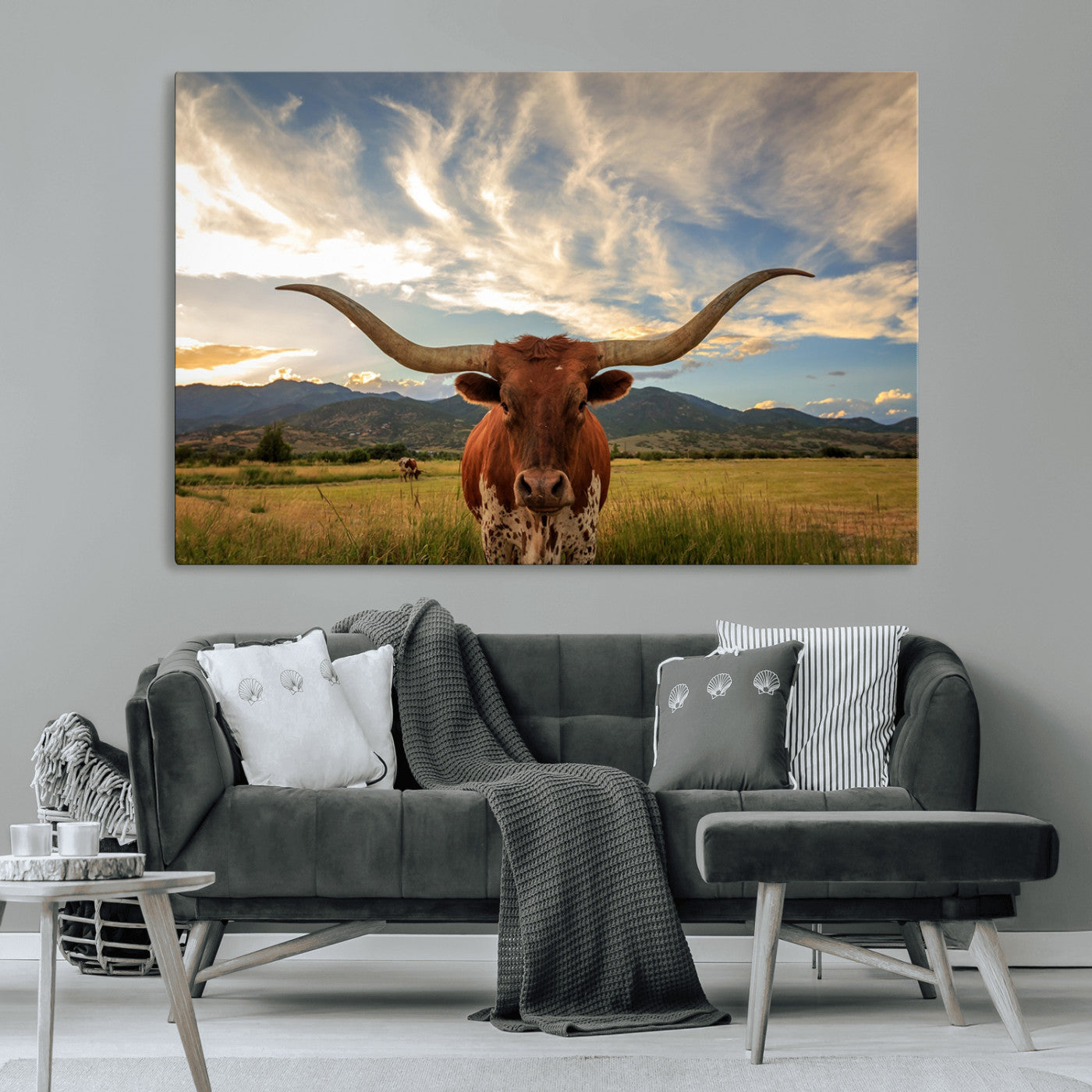 55416-MGV-CV-36X24-Texas Longhorn Canvas Wall Art – Majestic Triptych Animal Print – Rustic Western Decor for Living