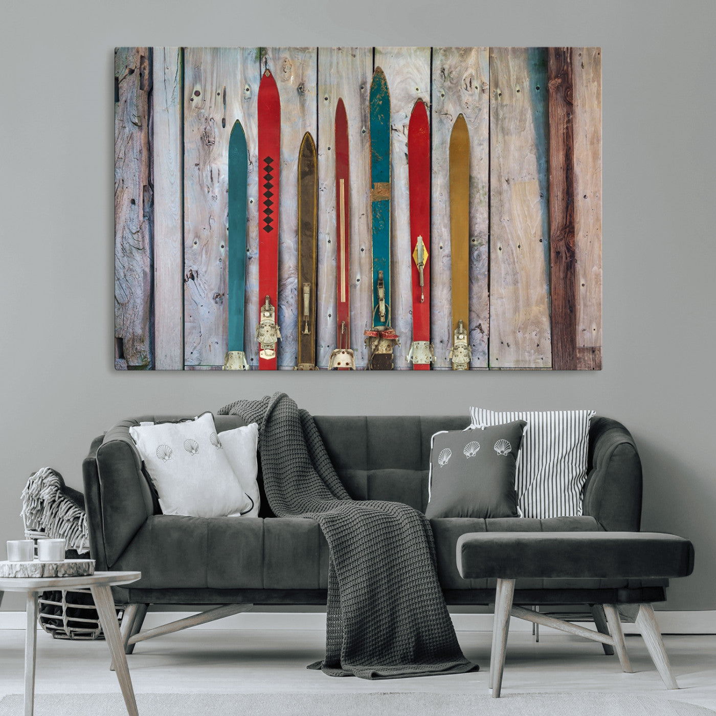 -Vintage Wooden Weathered Ski's in Front of an Old Barn Wall Art Canvas Print for Farmhouse, Cabin