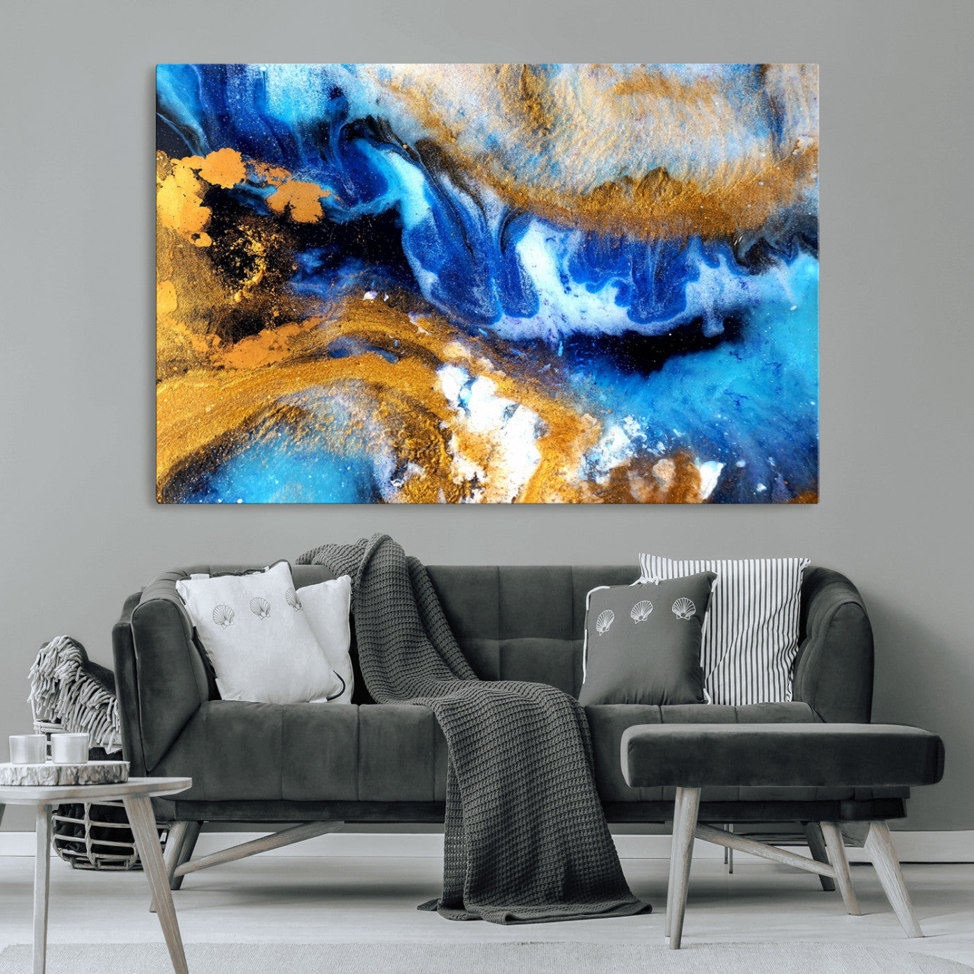 42100-MGV-CV-36X24-Blue Orange Marble Fluid Effect Canvas Wall Art Print
