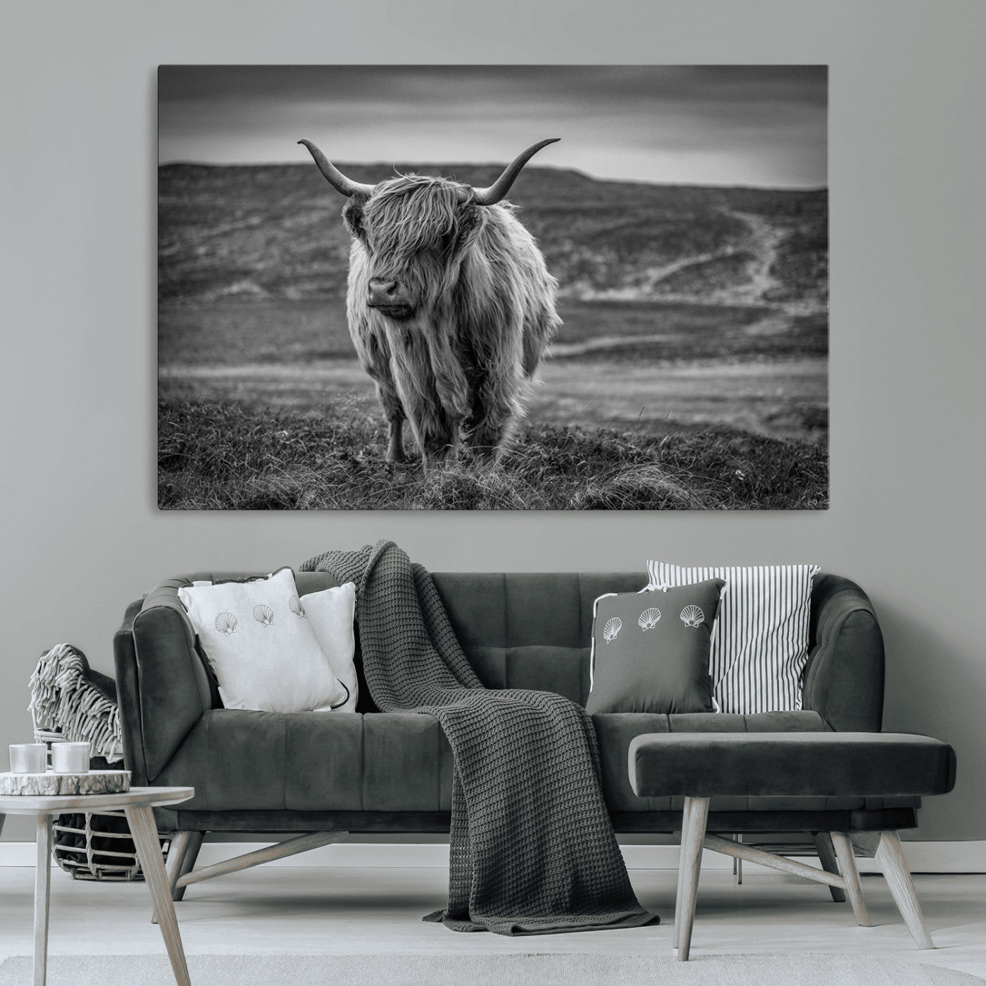 -Fluffy Cattle Wall Art Print, Highland Cow Canvas, Framed Black and white Wall Art