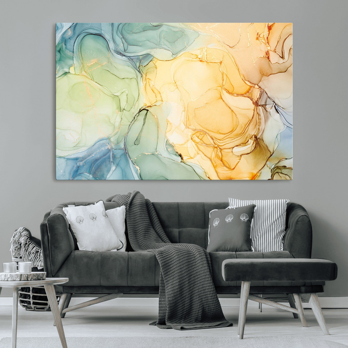 42195-MGV-CV-36X24-Green and Yellow Marble Fluid Effect Wall Art, Green and Yellow Marble Canvas Wall Art Print