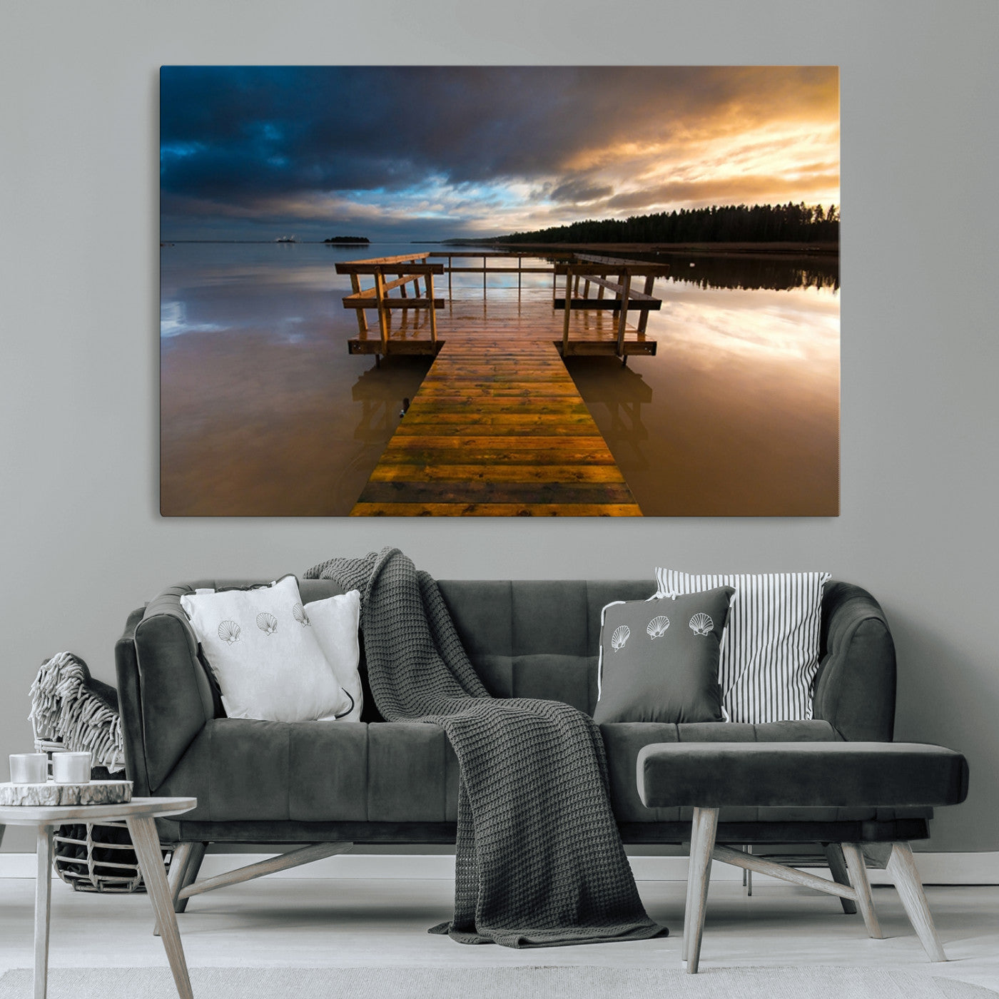 -Serene Lake Pier at Sunset Canvas Print | Landscape Canvas Print | Ready to Hang and Framed Wall Art