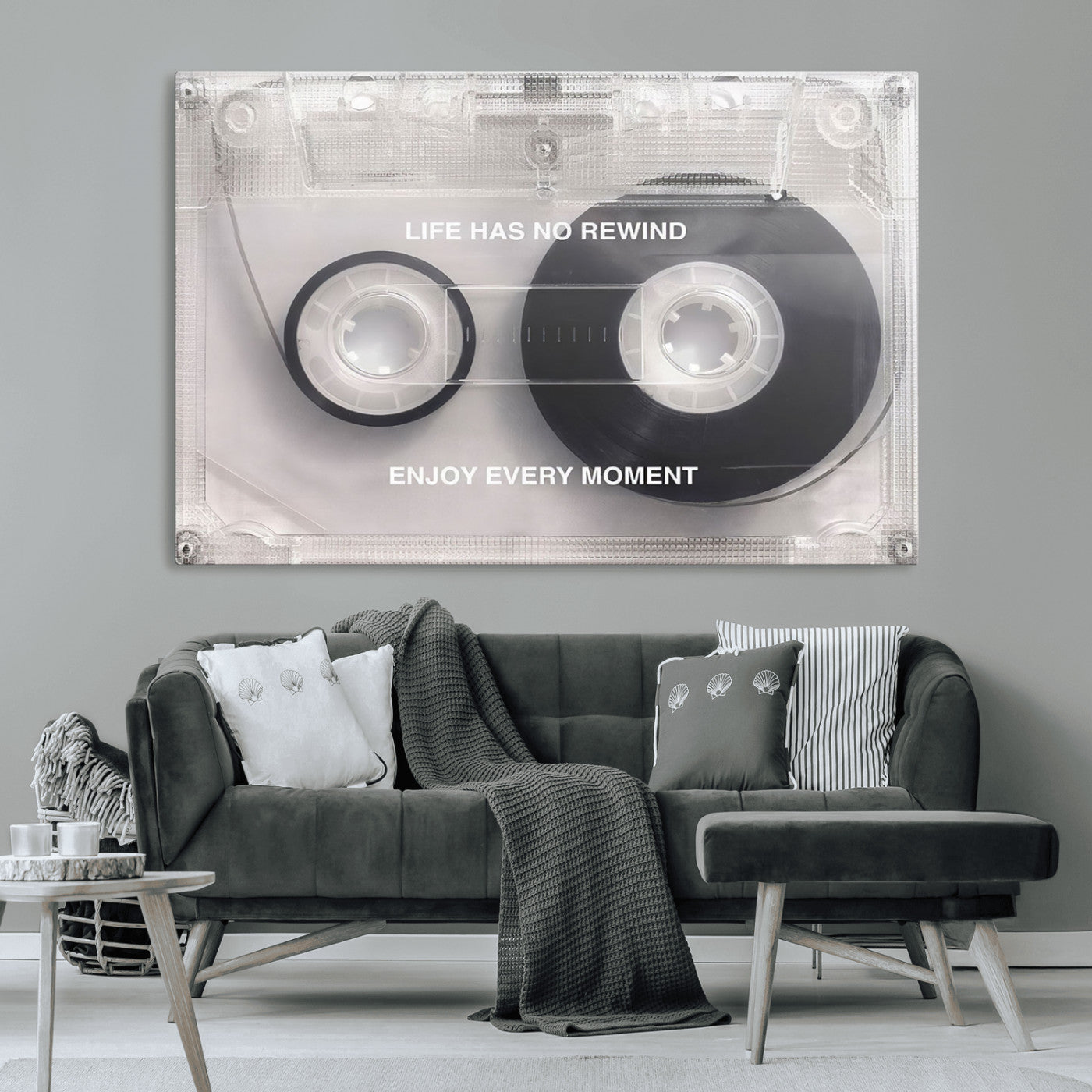 -Vintage Cassette Tape Canvas Wall Art - Inspirational 'Life Has No Rewind' Quote, Retro Music Decor