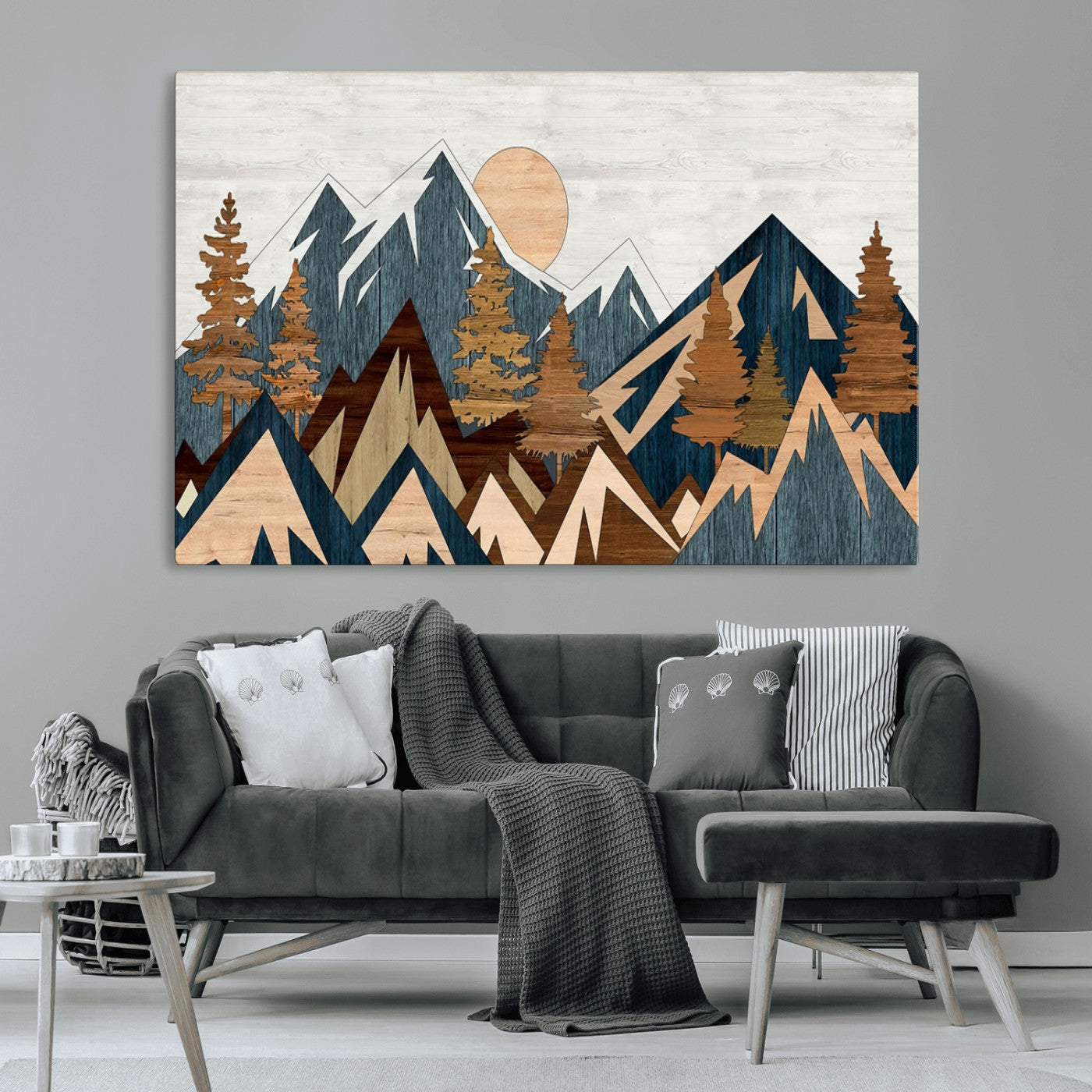91467-MGV-CV-36X24-Abstract Wood Panel Effect Mountain Range Top Wall Art Canvas Print