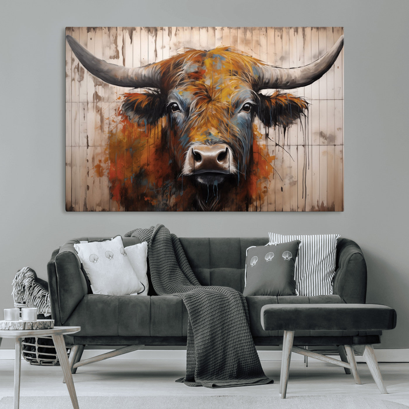 47284-MGV-CV-36X24-Scottish Highland Cow Cattle Art Print on Wood Style Background