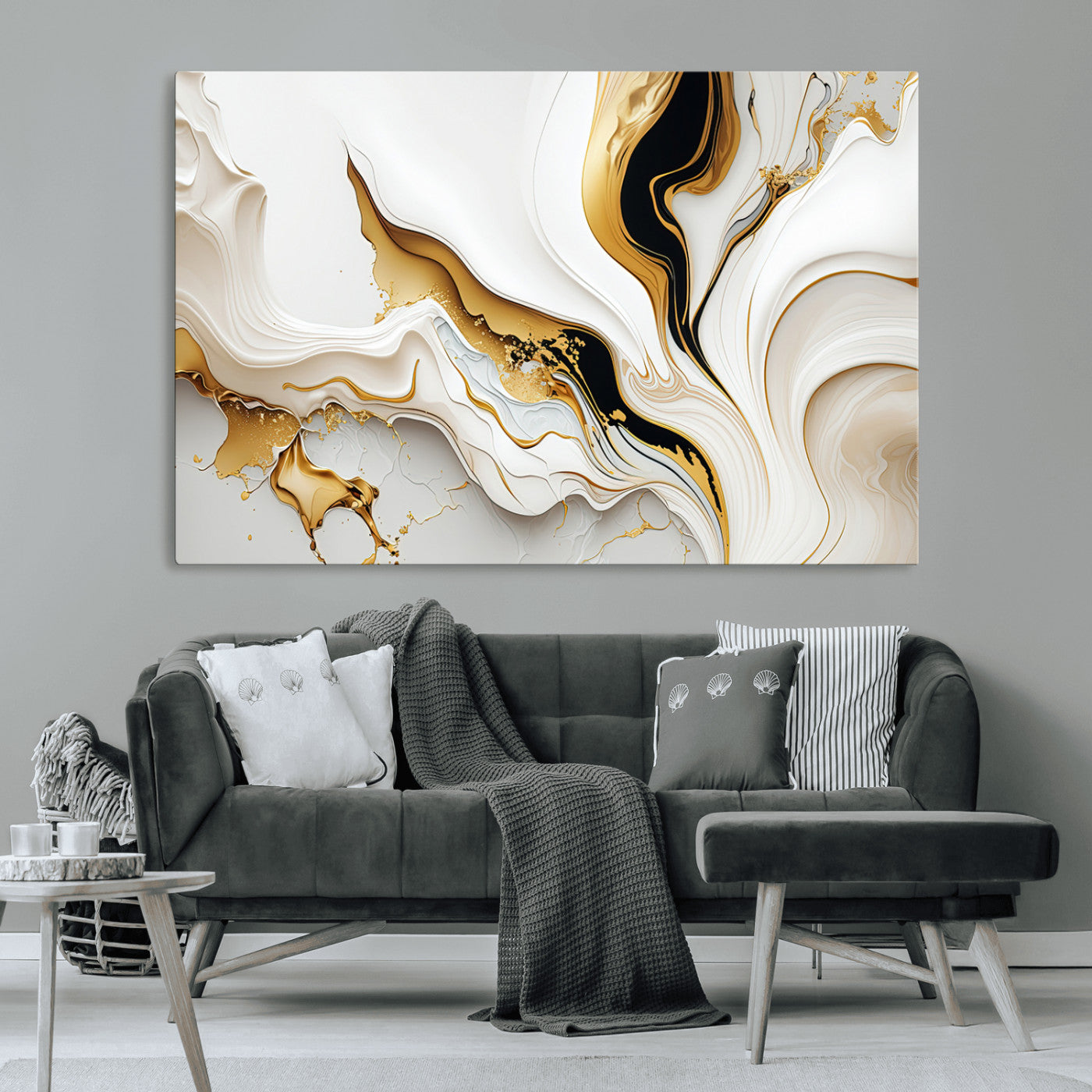 98637-MGV-CV-36X24-Gold Waves on Pure White Canvas – Gold Abstract Art for Modern Interiors | Wall Art Canvas, Framed &
