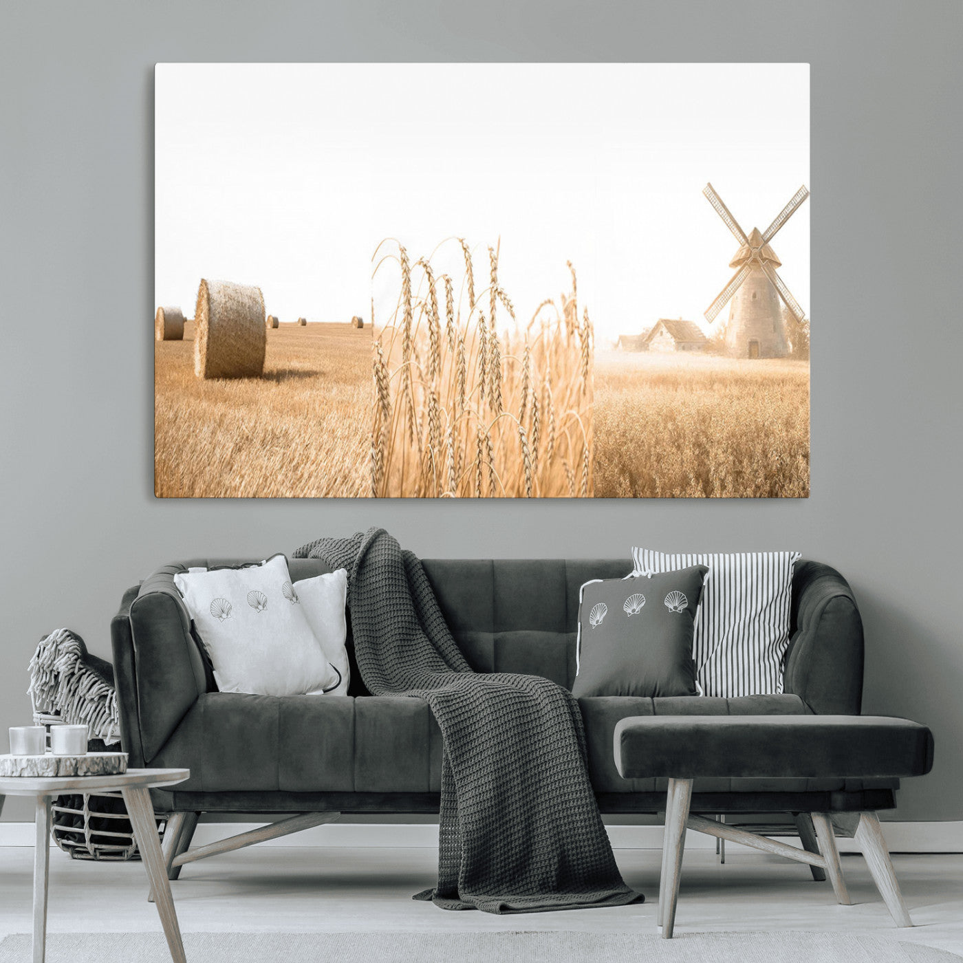 88780-MGV-CV-36X24-Vintage Farmhouse Triptych Wall Art – Giclée Canvas Featuring Wheat Fields, Hay Bales, and a