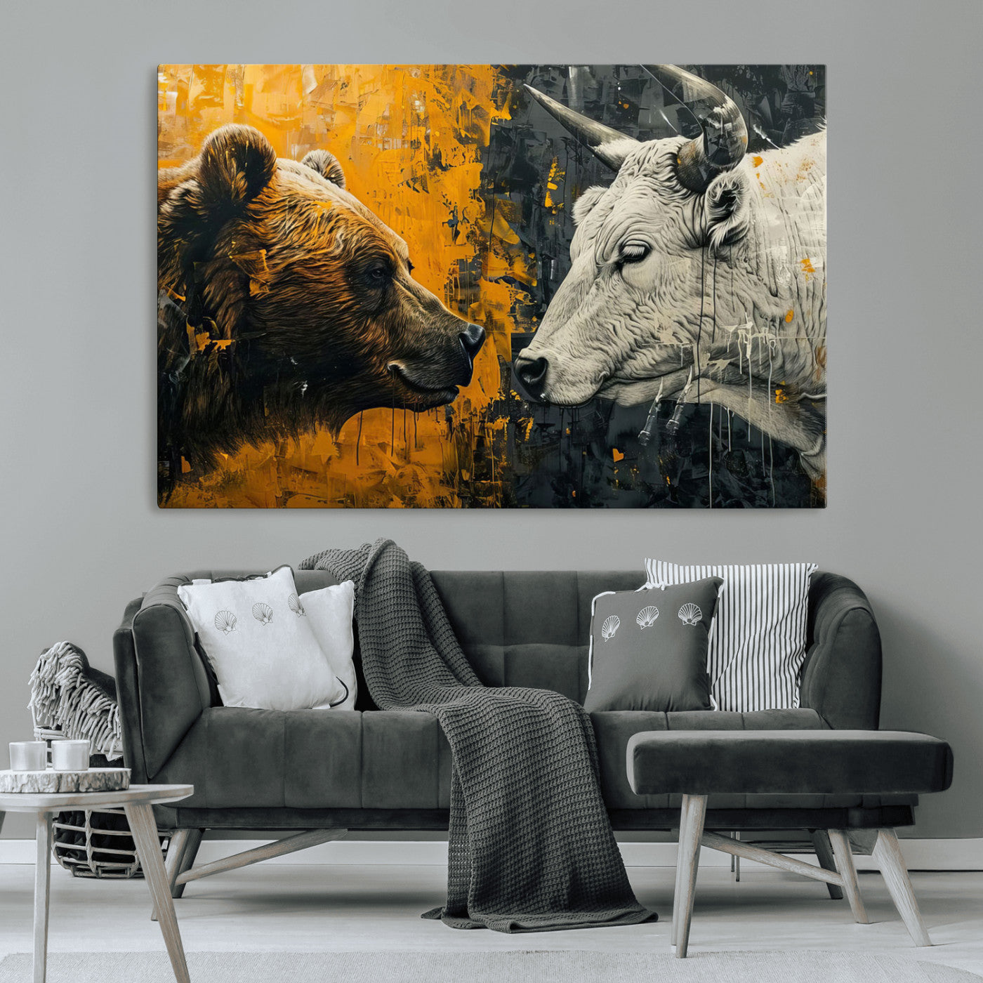 71185-MGV-CV-36X24-Bear and Bull Wall Art Canvas Print – Abstract Animal Portrait Painting for Modern Home Decor –