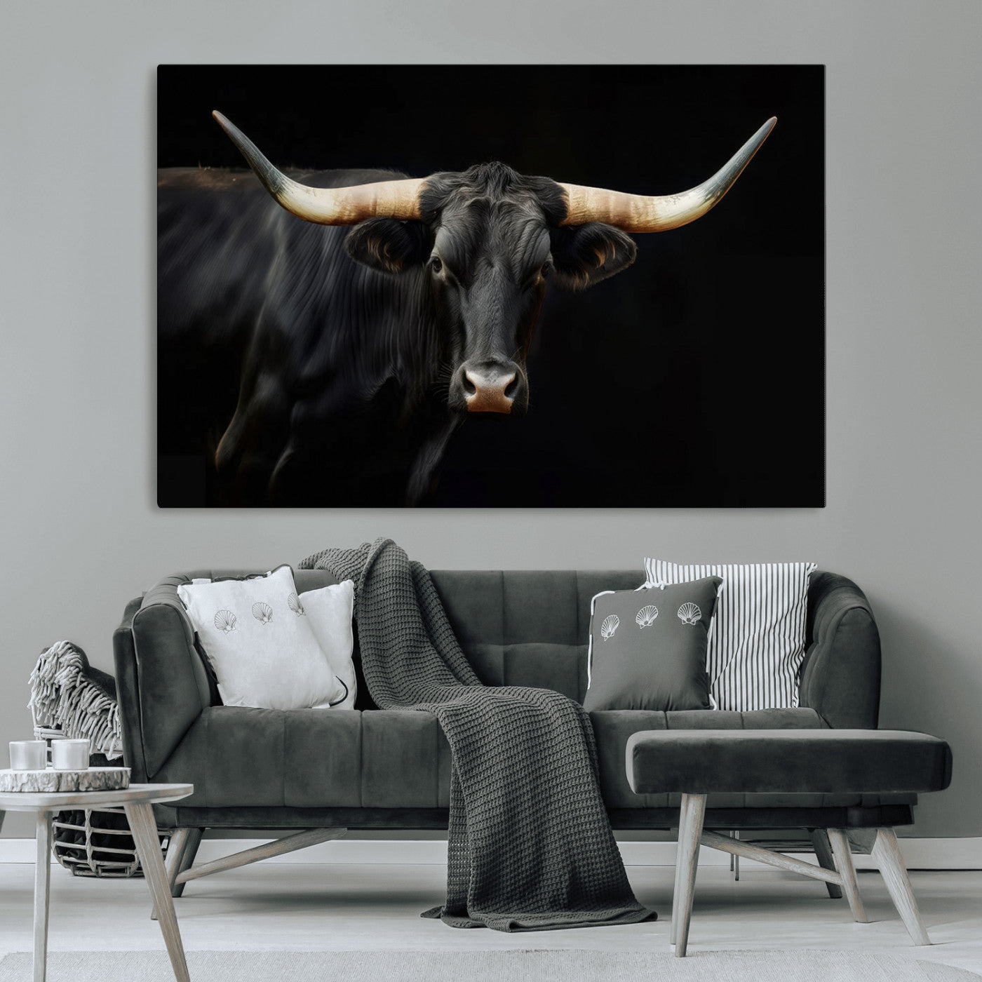 -Black Bull Wall Art – Majestic Longhorn Canvas Print with Dark Background, Rustic Western Farmhouse Decor for Living Room or Office