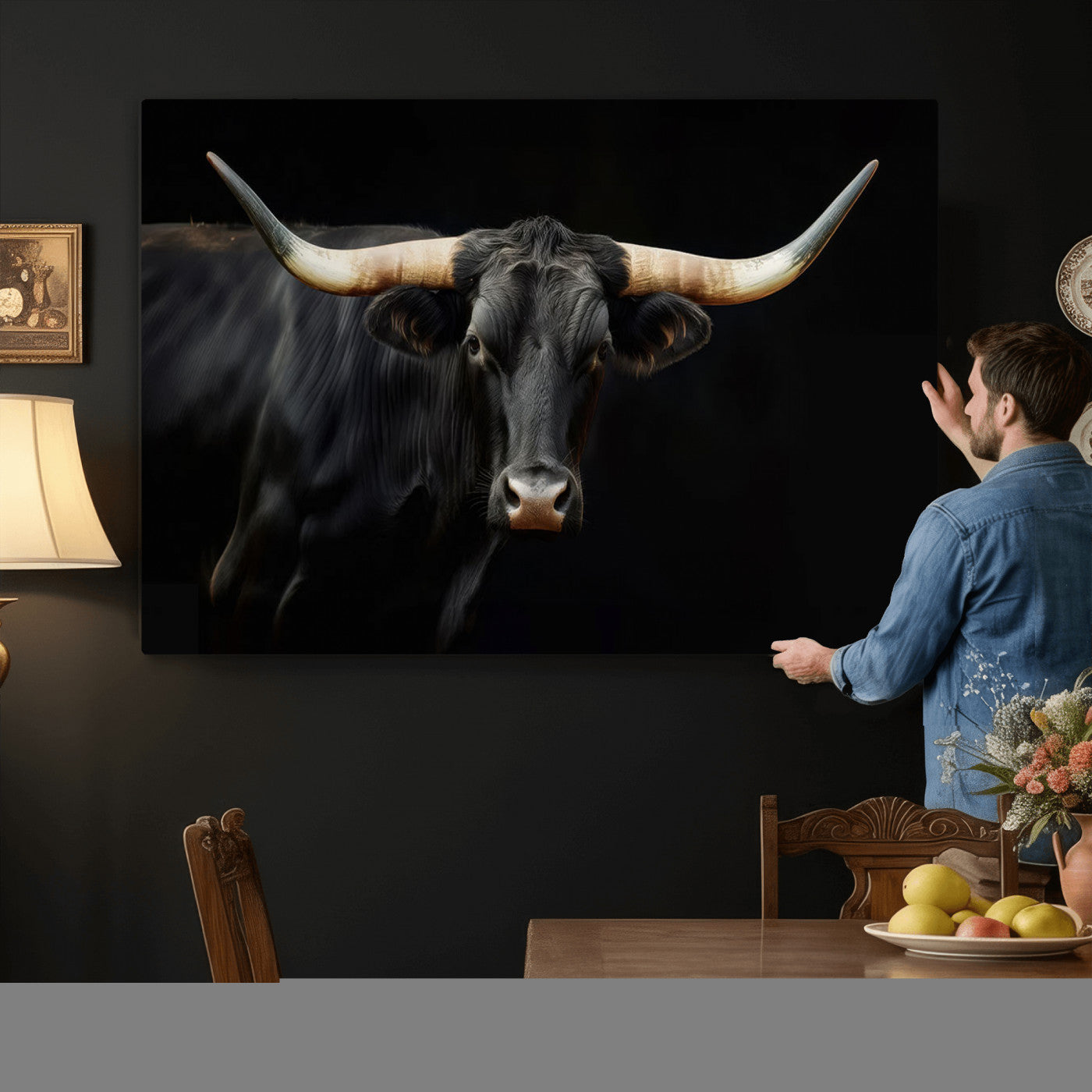 63798-MGV-CV-36X24 - Texas Longhorn Cow | Majestic Black Bull Wall Art Canvas Print - Farmhouse Animal Decor - Ready to