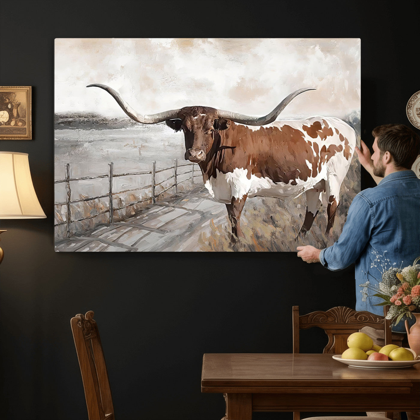 57340-MGV-CV-36X24 - Vintage Texas Cow Wall Art Canvas Print, Rustic Longhorn Wall Art | Canvas Print for Farmhouse Decor