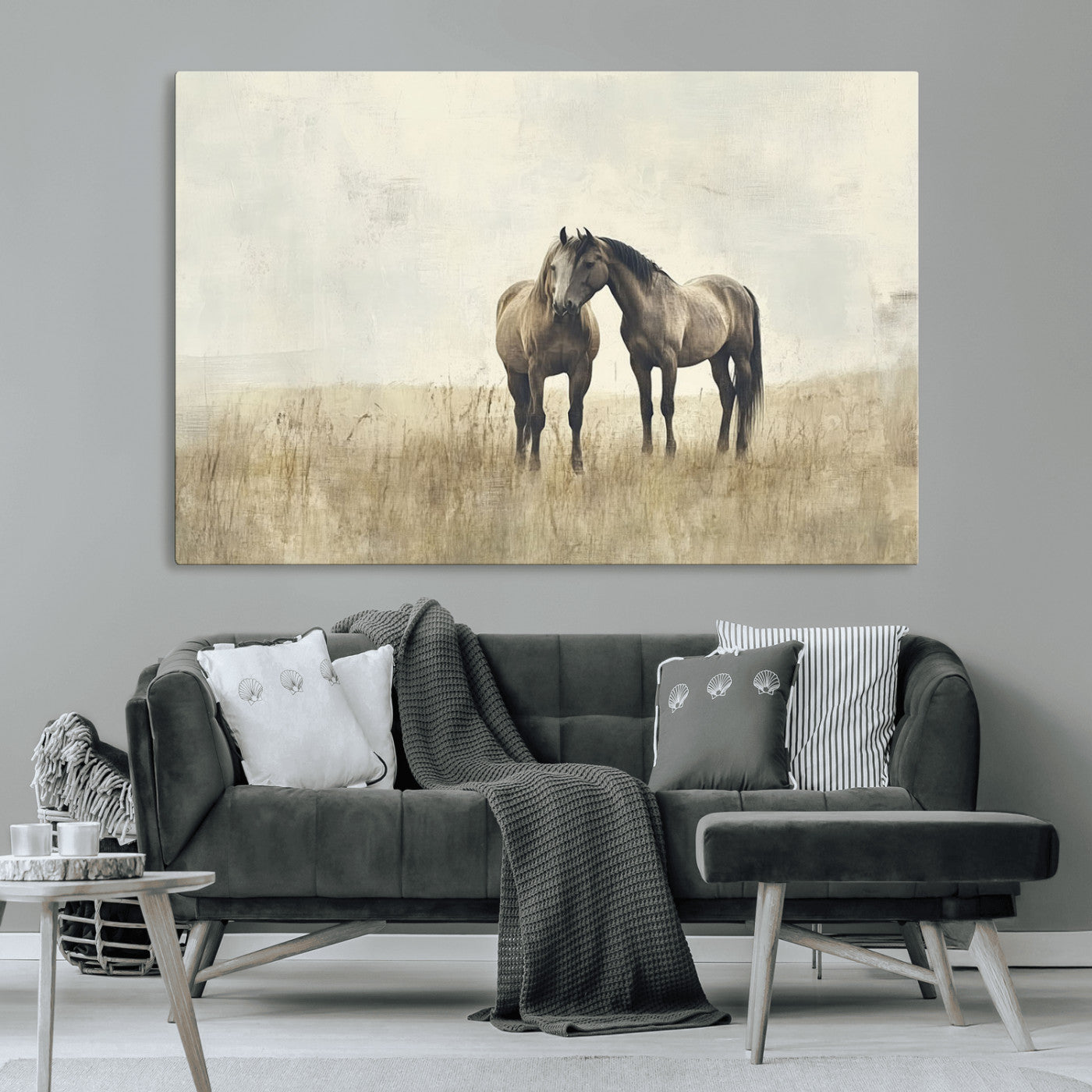 -Chines Style Grunge Horses Wall Art Canvas Print