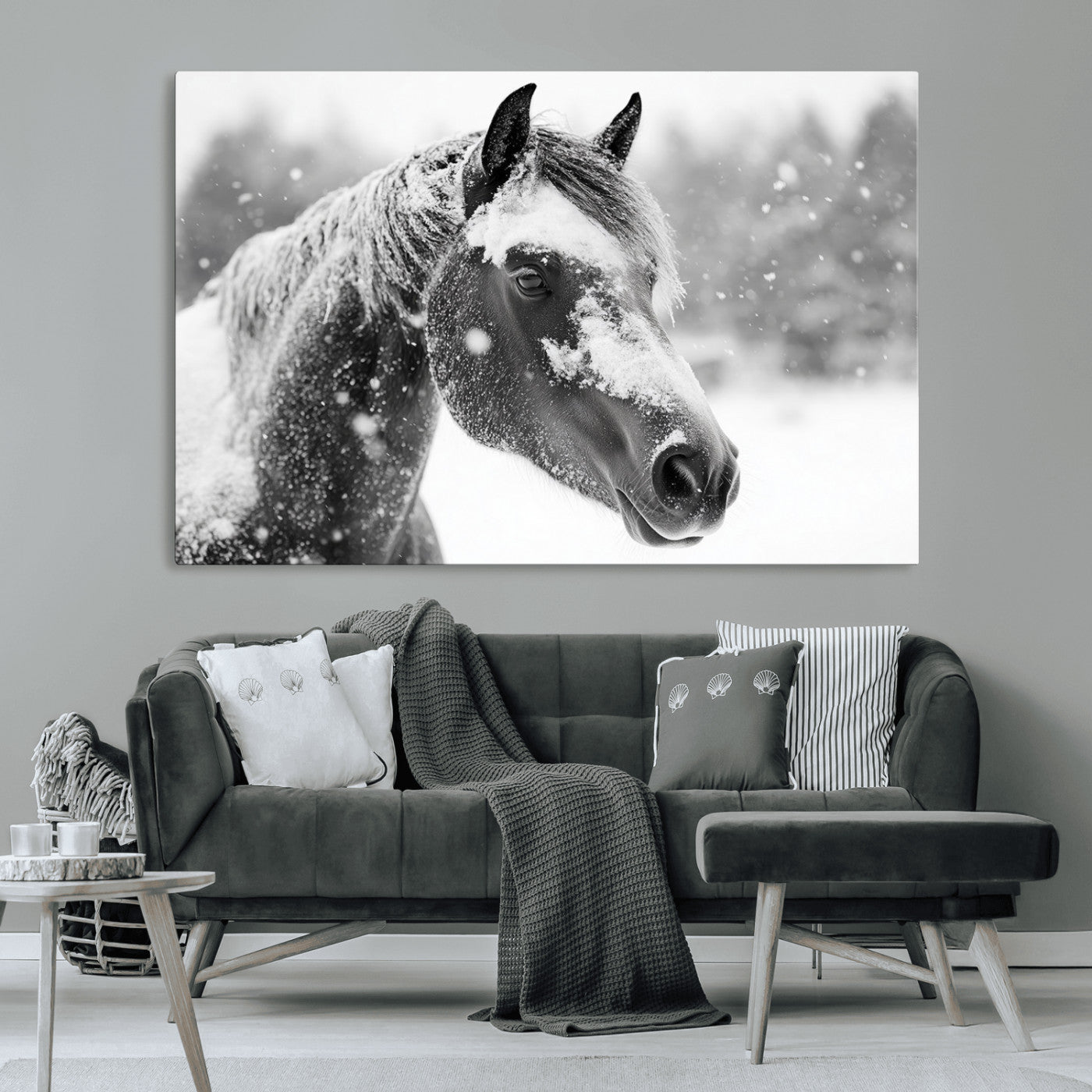 13358-MGV-CV-36X24-Black Horse Winter Wall Art | Ready to Hang and Framed | Farmhouse and Western Wall Decor for Living Room