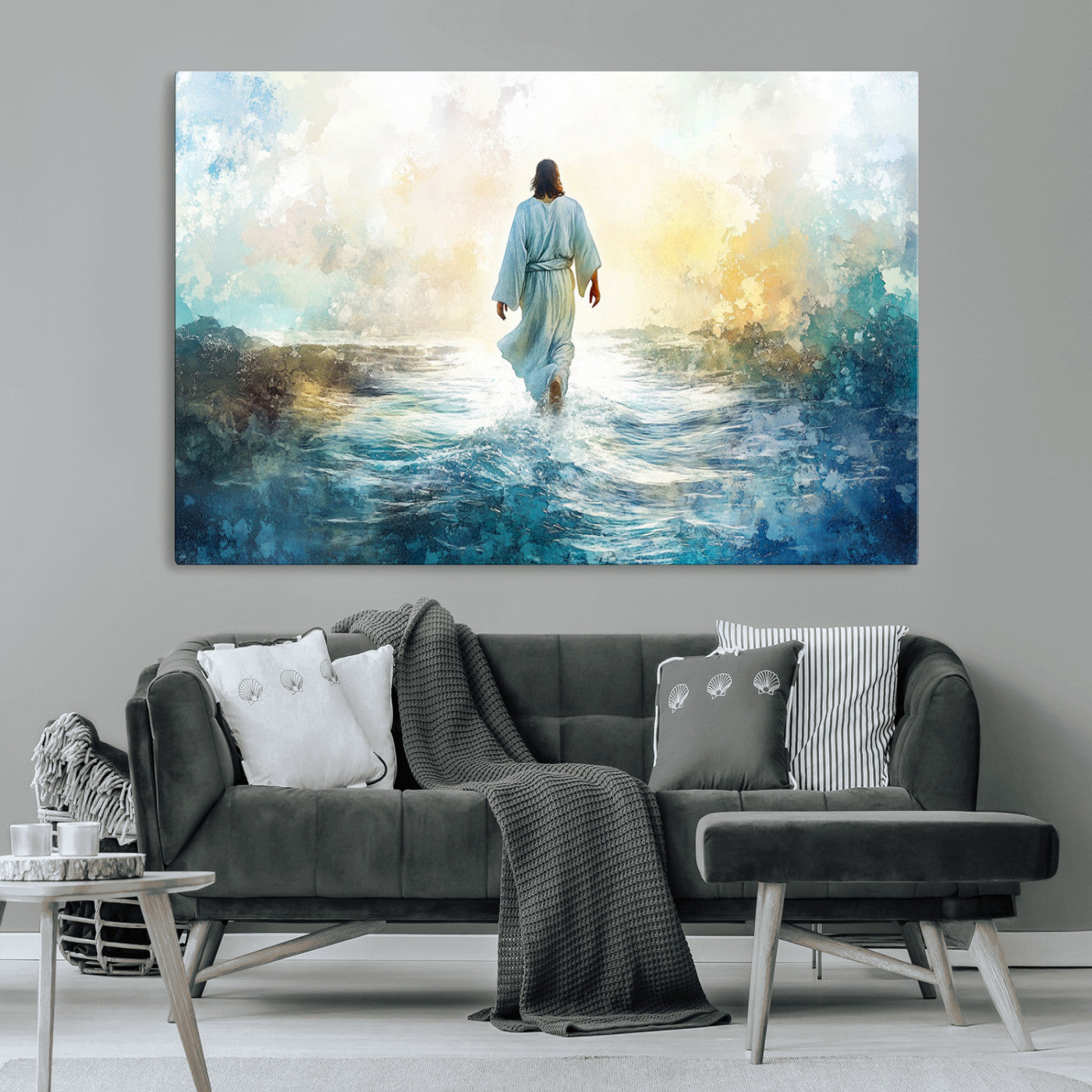 -Watercolor Jesus Walking on Water Canvas Print, Christian Wall Art, Jesus Christ Walking