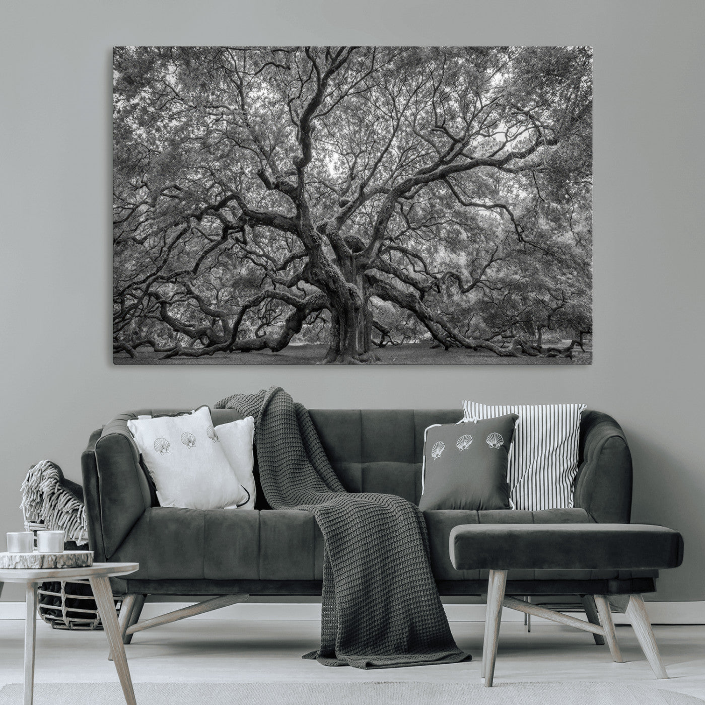 -Majestic Angel Oak Tree Black and White Canvas Print – Multi Panel Wall Art, Giclée Print, Ready to