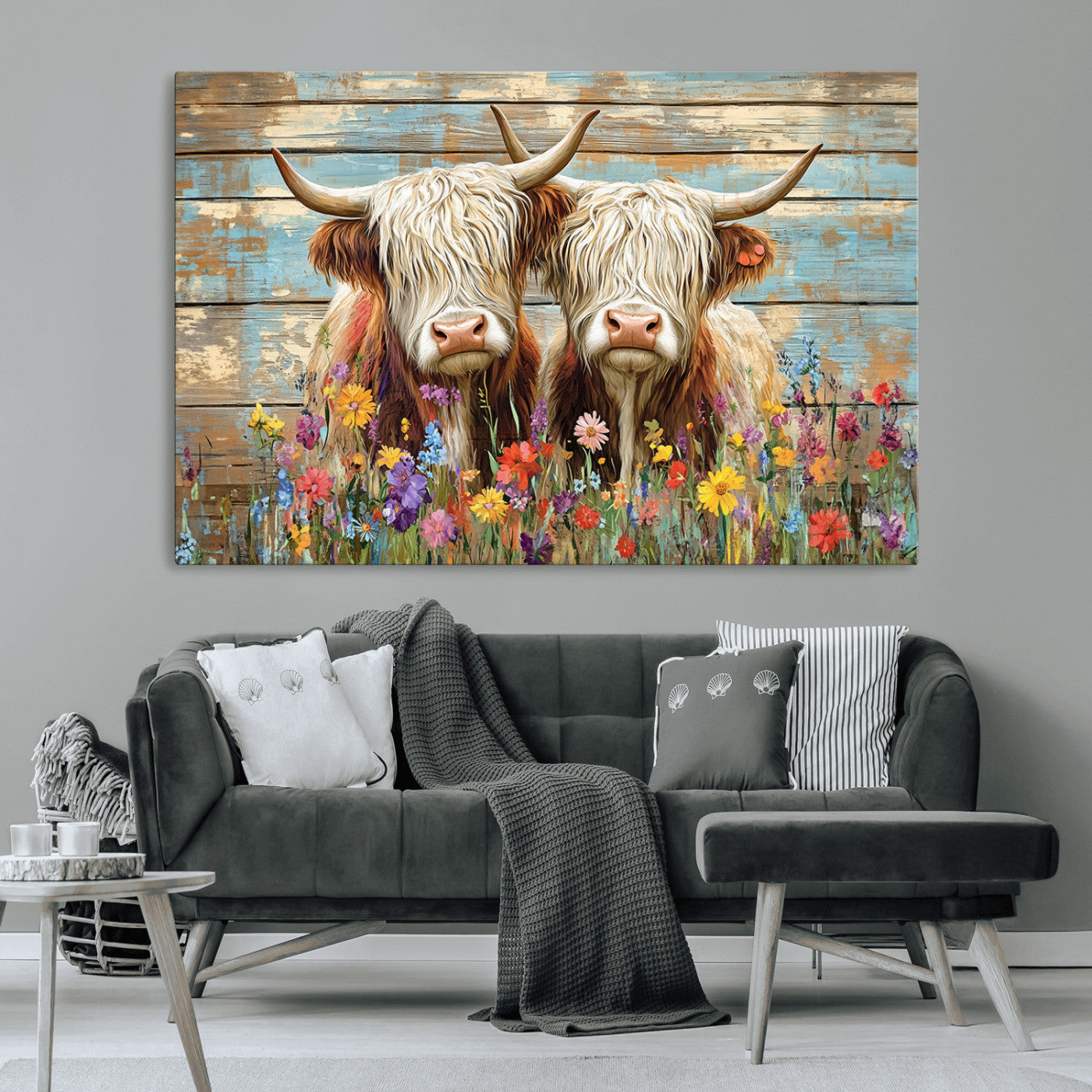 36972-MGV-CV-36X24 - Cute Highland Cow Canvas Wall Art - Rustic Farmhouse Decor with Colorful Flowers Perfect Wall Art