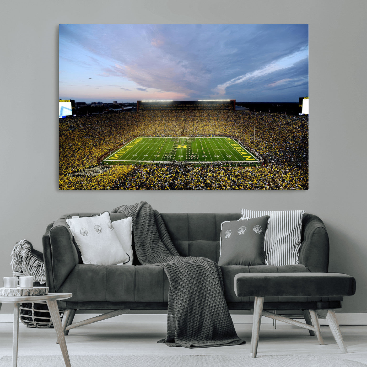 82641-MGV-CV-36X24-Michigan Stadium Wall Art Canvas Print – Framed Football Field Scene with Marching Band Artwork for Home, Office