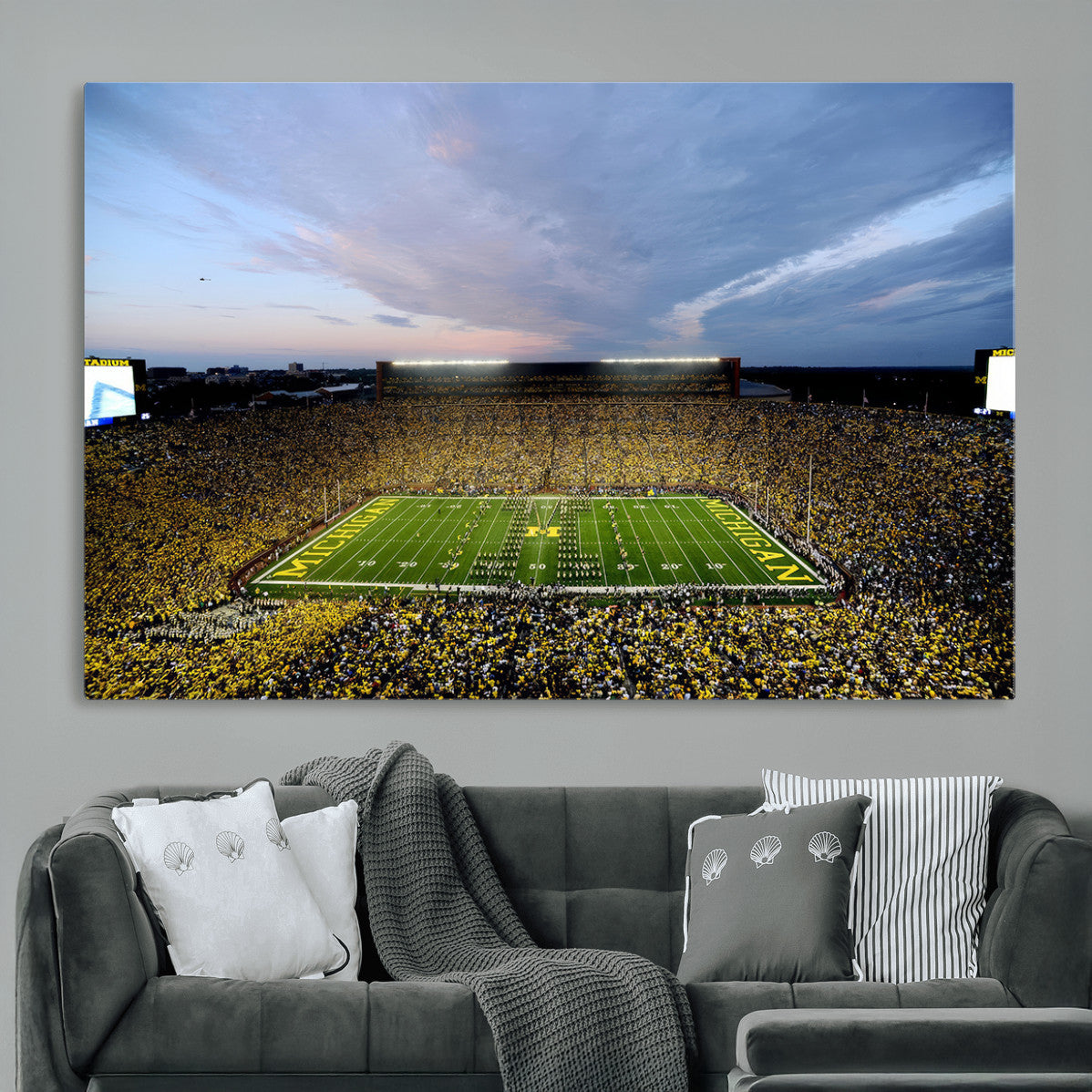 82641-MGV-CV-36X24 - Michigan Stadium Wall Art Canvas Print, Vibrant Game Day Crowd and Sunset Sky Football Field Artwork for Home, Office