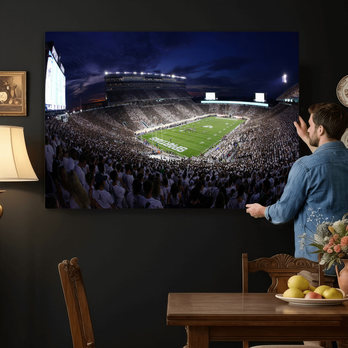 75193-PAN-FL-20X10 - Michigan State Spartans Canvas, Framed Football Team Print - East Lansing Spartan Stadium Wall Art