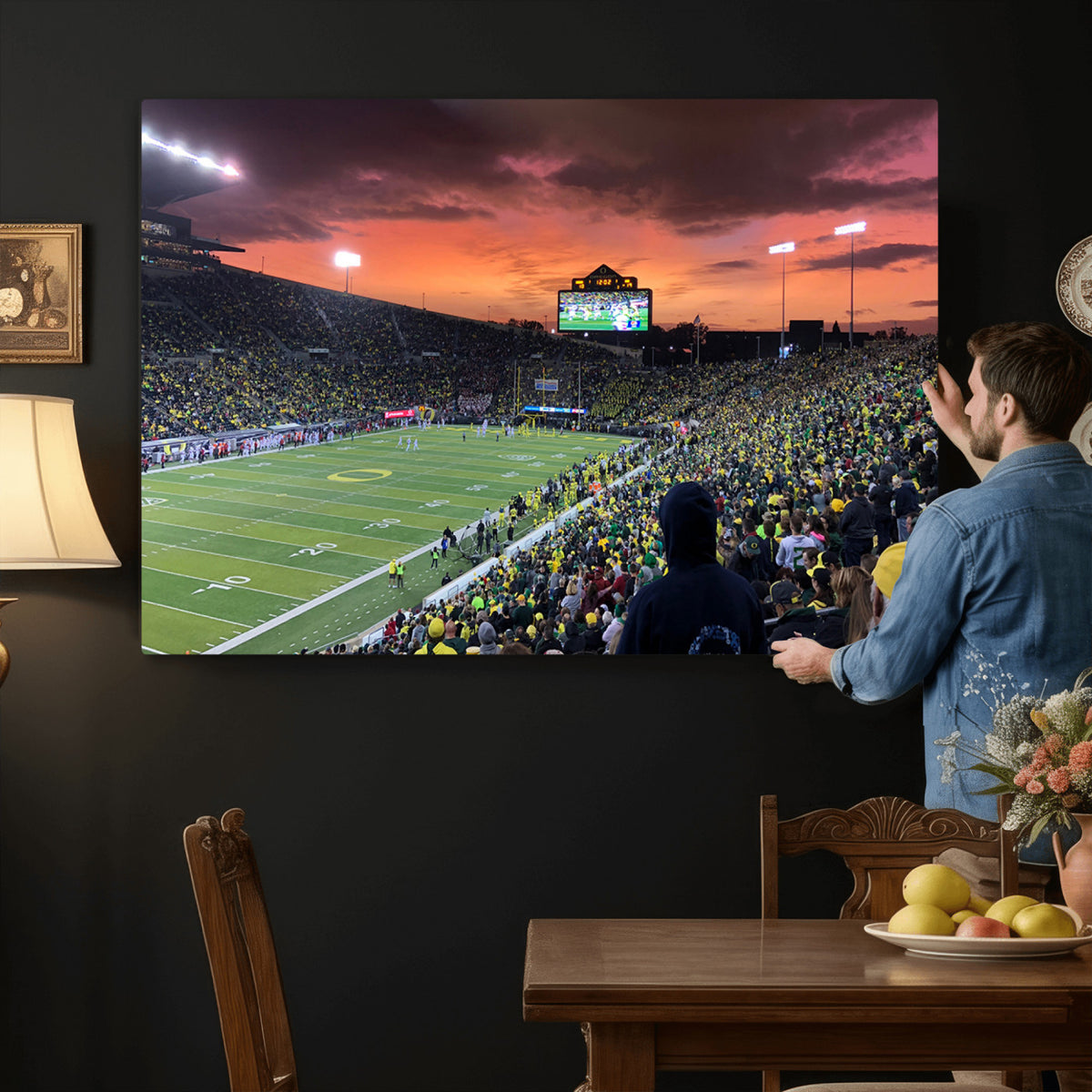 75065-PAN-FL-20X10 - Eugene Autzen Stadium Canvas Wall Art Print – Sunset Over Iconic Football Field Wall Decor for Home
