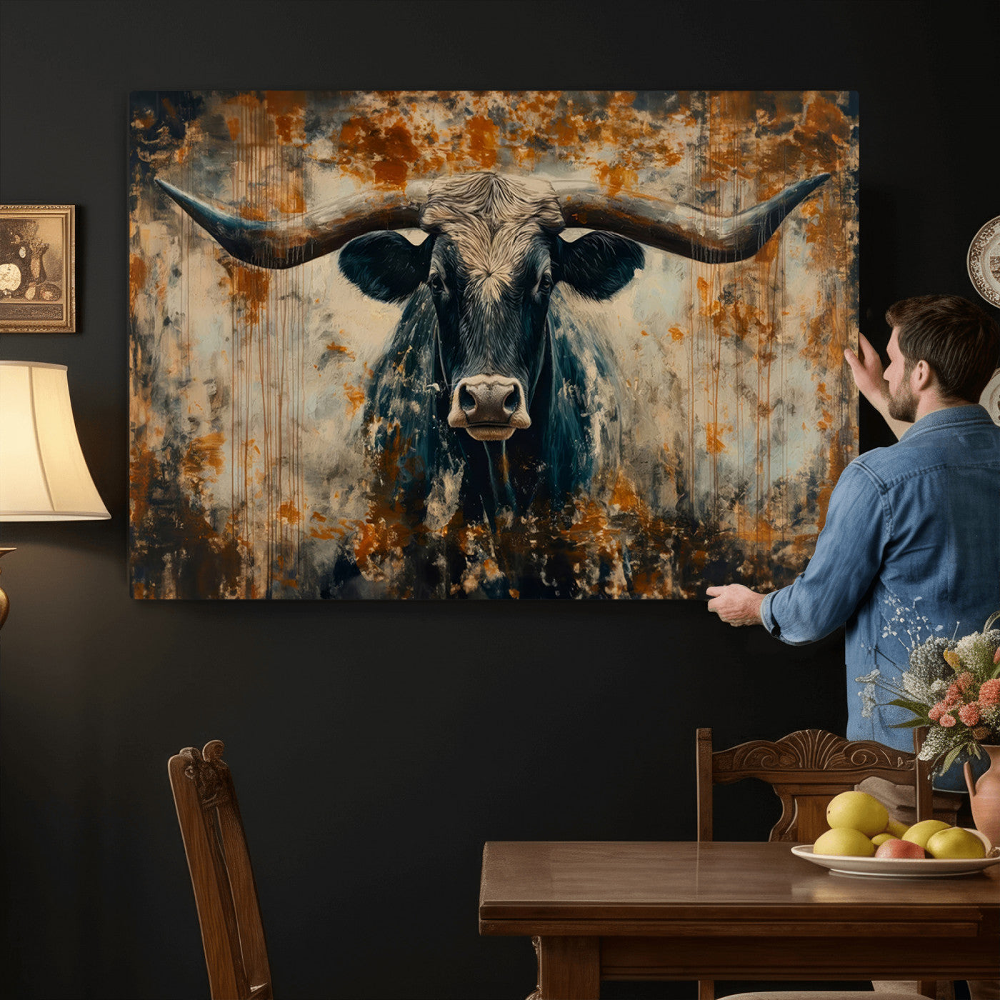 85913-MGV-CV-36X24 - Abstract Longhorn Bull Wall Art | Rustic Western Wall Decor | Framed and Ready to Hang | Ideal for