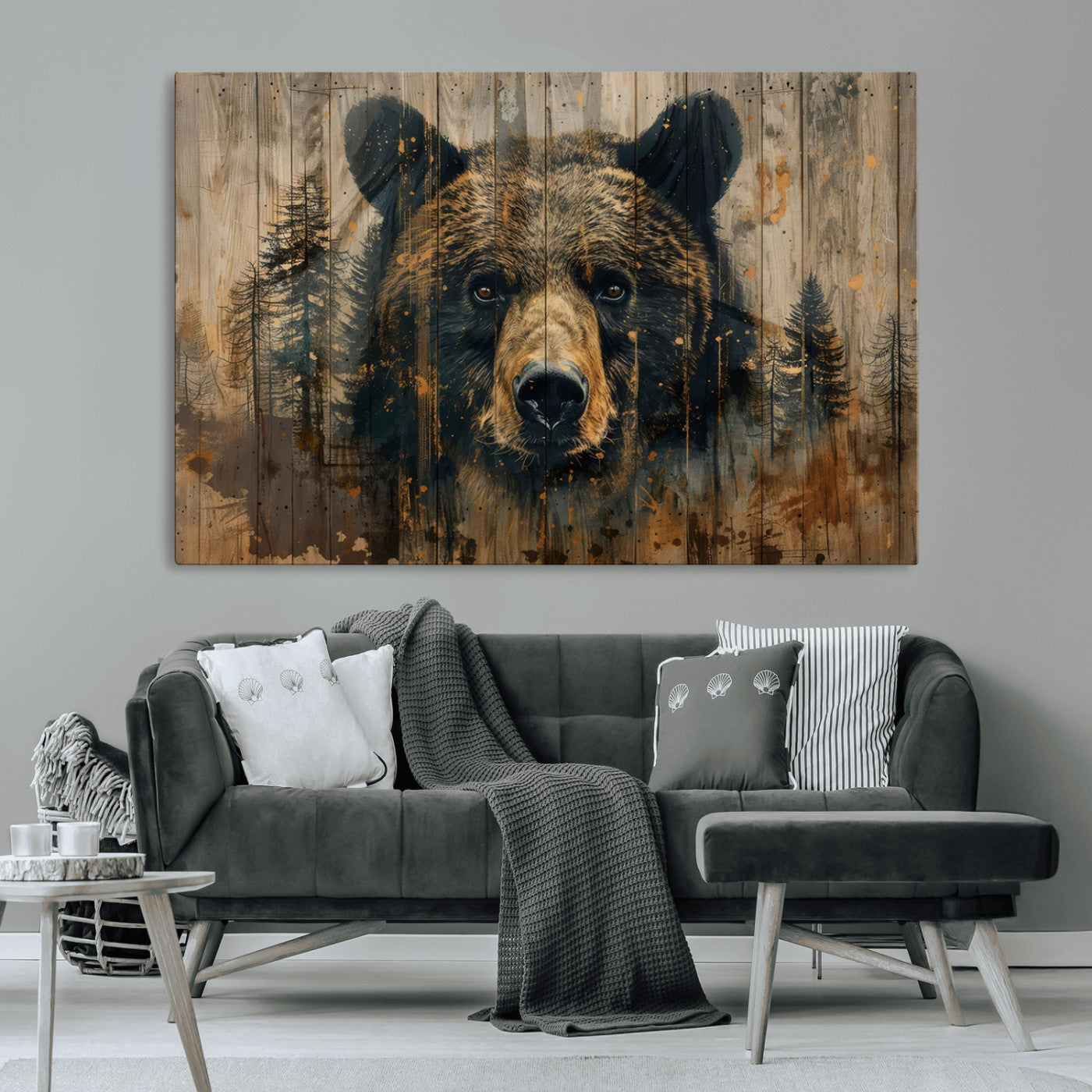 51373-MGV-CV-36X24-Abstract 399 Bear Wall Art | Rustic Cabin Wall Decor with Forest Design | Framed and Ready to Hang |