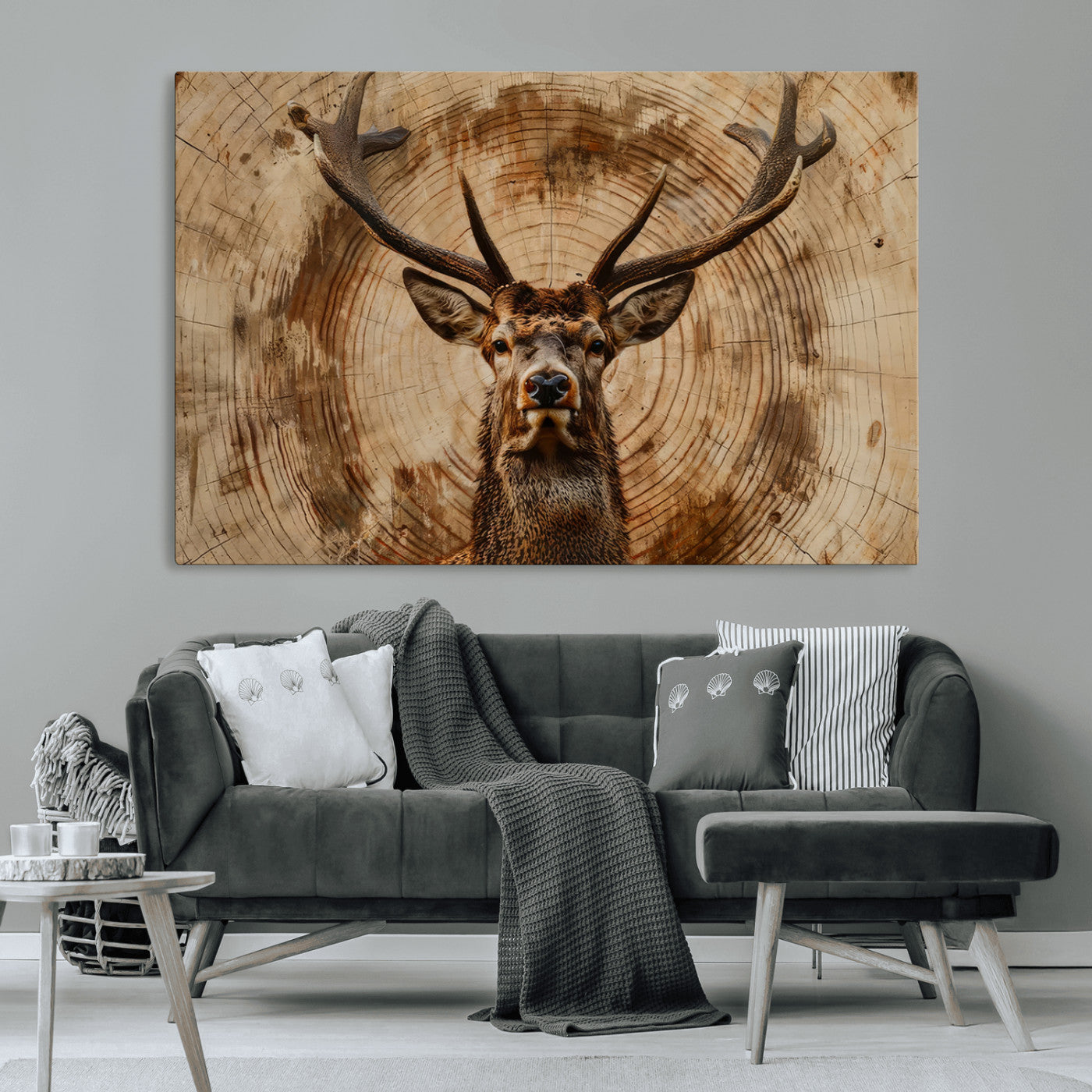 19375-MGV-CV-36X24-Wood Abstract Deer Wall Art | Rustic Wildlife Canvas Print | Ready to Hang Stag Head Triptych for