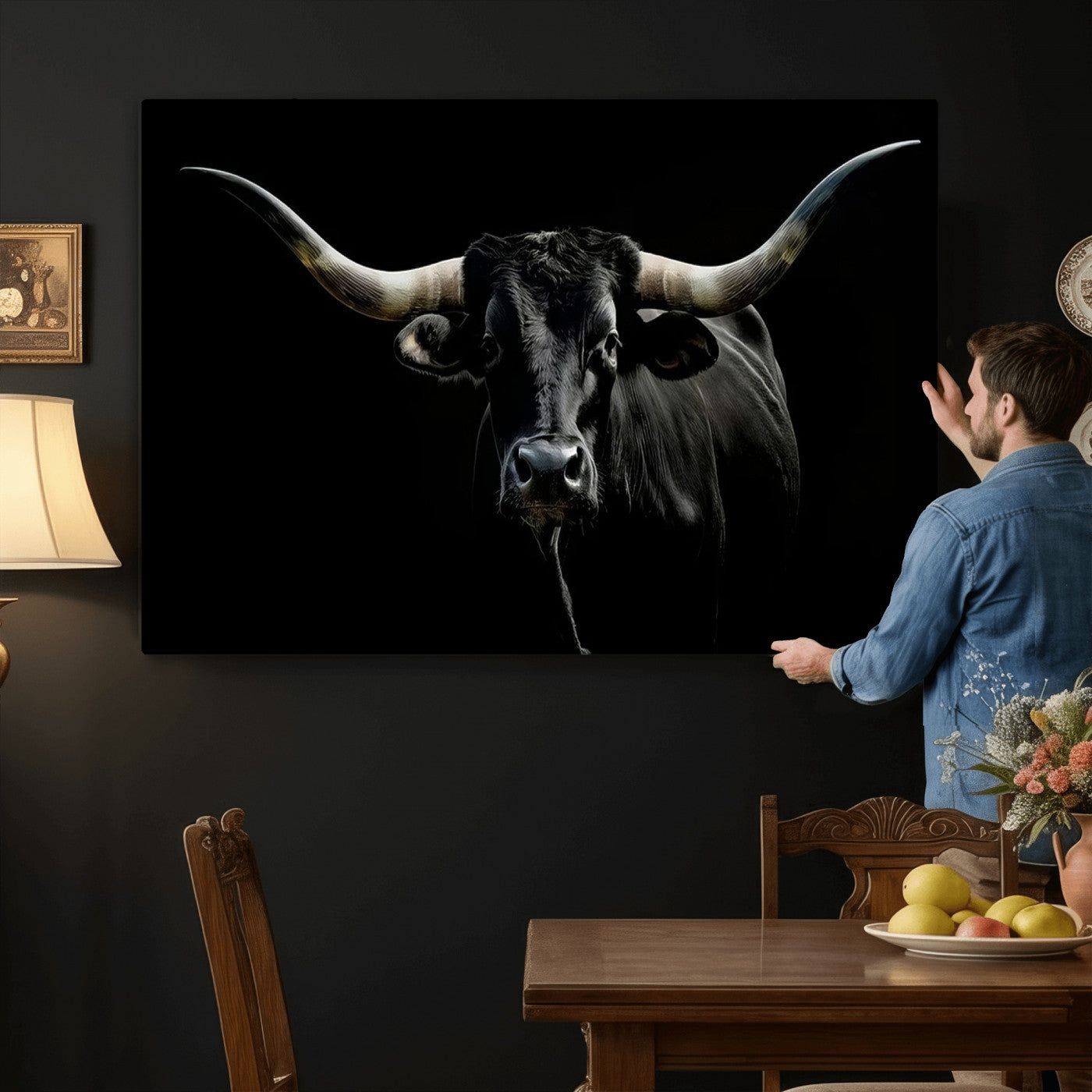 20679-MGV-CV-36X24 - Texas Black Longhorn Bull Wall Art Canvas Print - Western Texas Cattle Rustic Decor Print - Longhorn