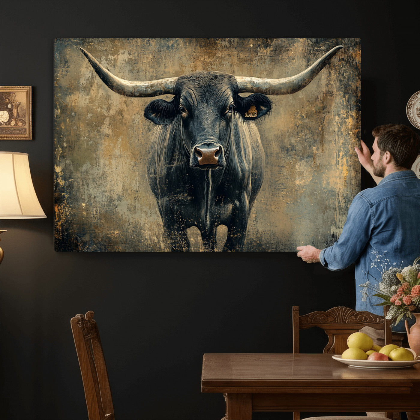 57385-MGV-CV-36X24 - Longhorn Bull Wall Art Canvas Print, Framed Rustic Cow Art Picture Print, Texas Longhorn Perfect Western Decor Artwork