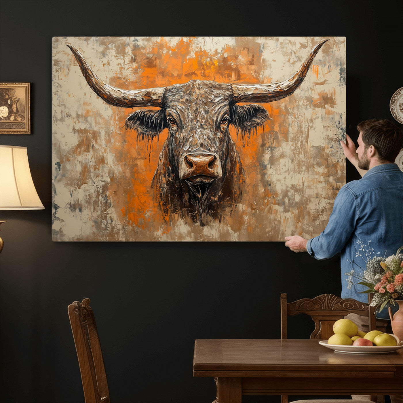 49976-MGV-CV-36X24 - Abstract Cow Longhorn Bull Wall Art Canvas Print - Rustic Texas Western Cattle Artwork