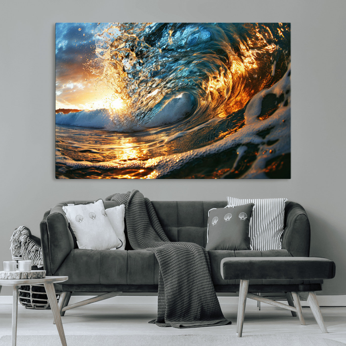 41370-MGV-CV-36X24-Ocean Wave at Sunset Canvas Wall Art – Vibrant Coastal Beach Waves Print, Large Nautical Decor,