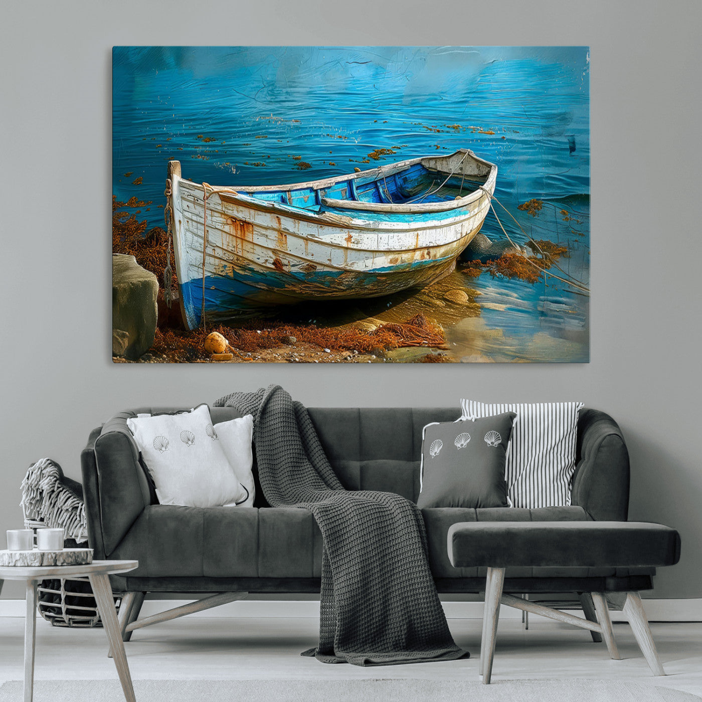 54716-MGV-CV-36X24-Vintage Boat on Tranquil Waters | Coastal Wall Art for Nautical Decor | Rustic Triptych Canvas Print