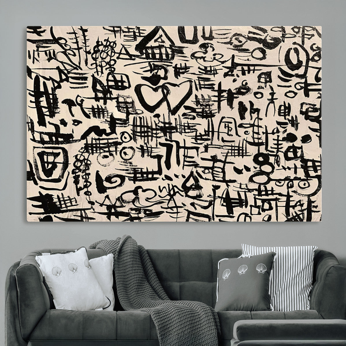 68273-MGV-CV-36X24 - Abstract Love and Chaos Canvas Print, Black Symbols on Beige