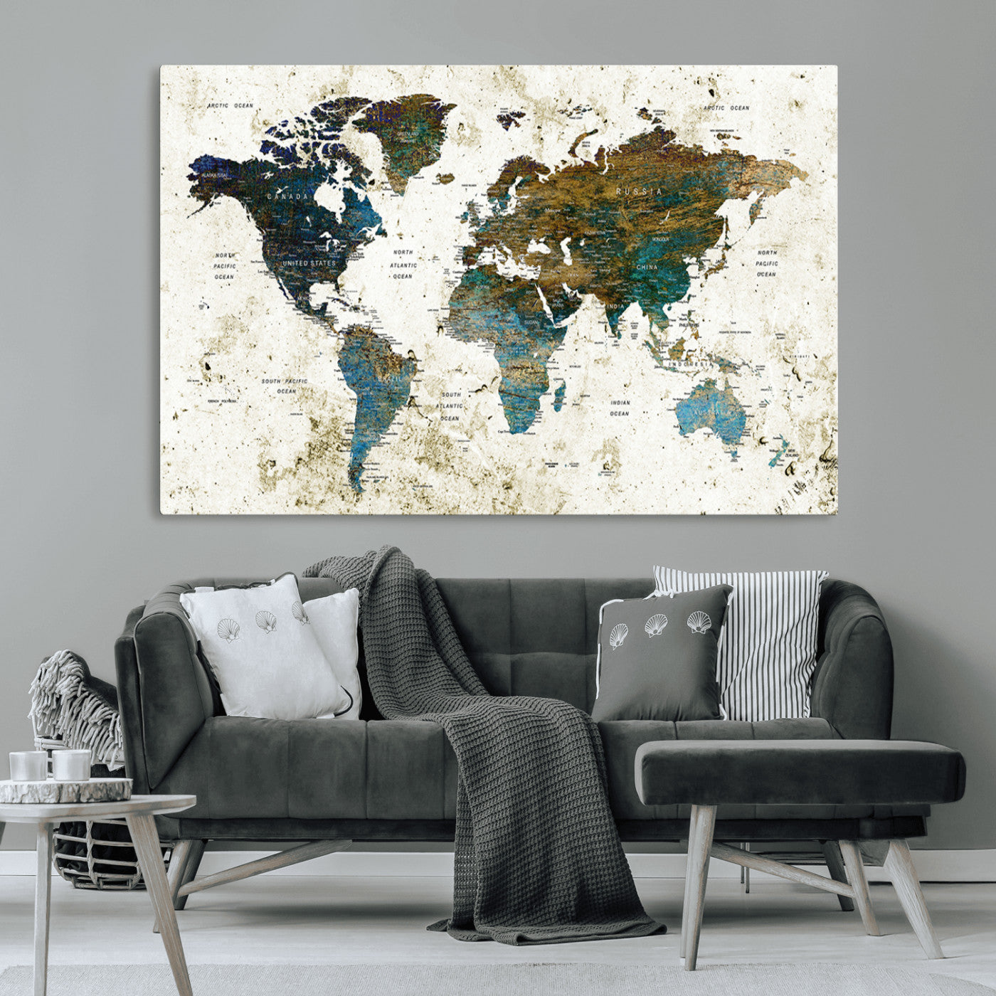 89176-MGV-CV-36X24-Vintage Blue and Brown World Map Canvas Wall Art – Framed Rustic Map Print, Earth Tone Travel Decor for Stylish Home and Office Walls