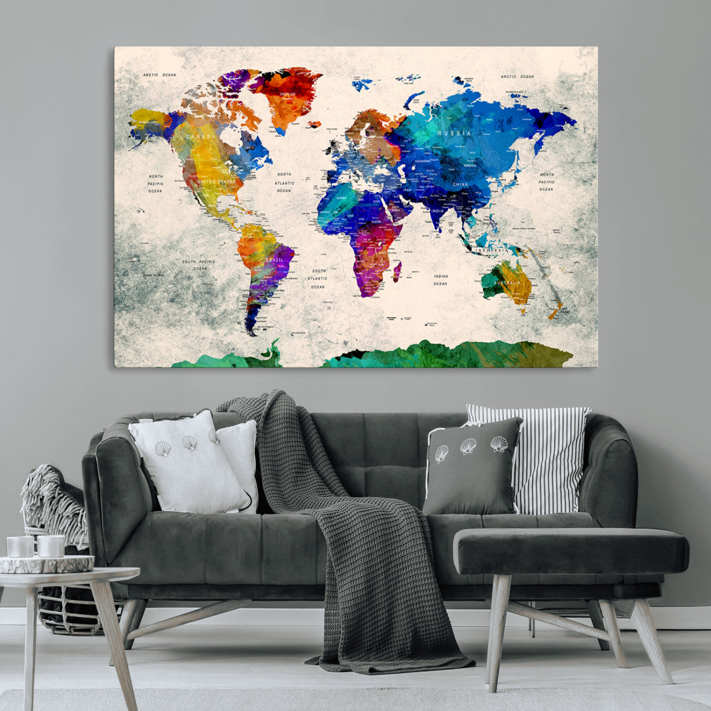 -Push Pin World Map Canvas Print – Framed Travel Map Wall Art for Couples, Anniversary Gift, Modern Home or Office Decor