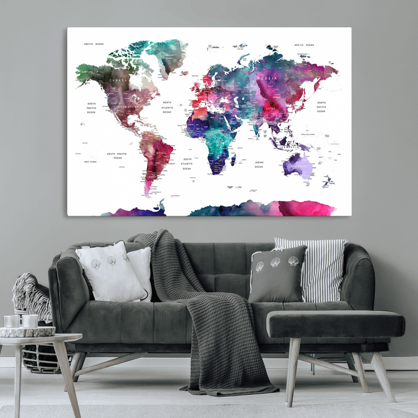 78176-MGV-CV-36X24-Colorful Watercolor World Map Canvas Wall Art – Framed Modern Map Print, Vibrant Travel Inspired Artwork for Home and Office Decor
