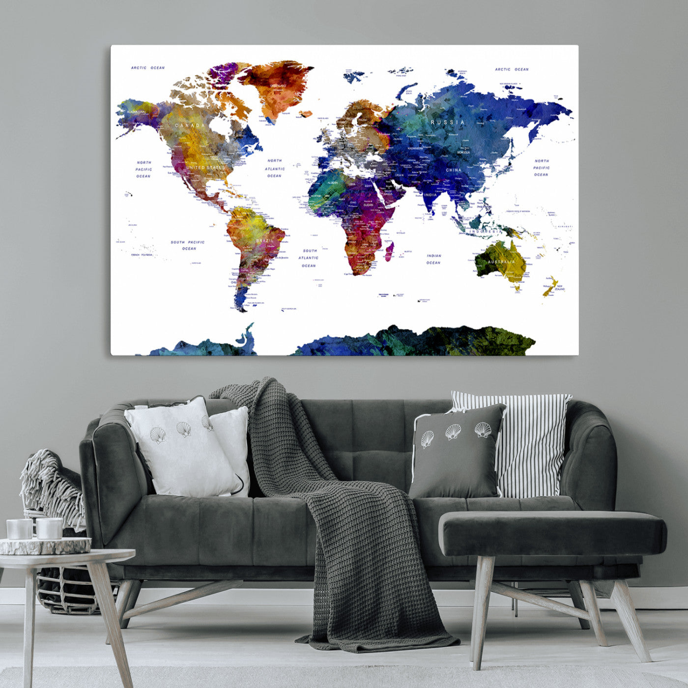 90446-MGV-CV-36X24-Colorful Watercolor World Map Canvas Wall Art – Framed Modern Push Pin Travel Map for Home and Office Decor