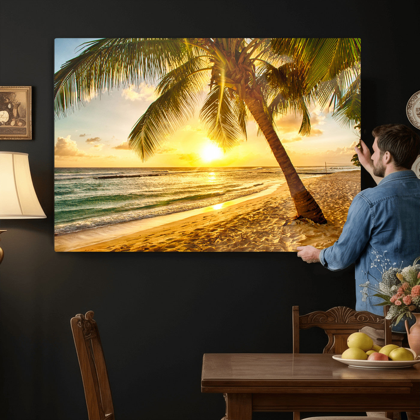 33628-MGV-CV-36X24 - Beach Sunset Canvas Wall Art Print - Tropical Beach Canvas Wall Art Print – Vibrant Palm Trees and