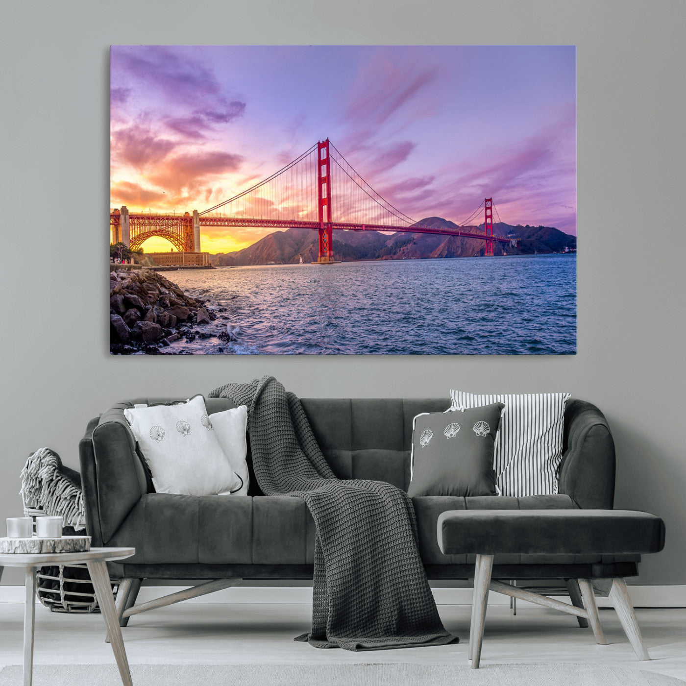 MGV-CV-36X24 - Golden Gate Bridge Wall Art Print, San Francisco Sunset Canvas Wall Art, Cityscape Canvas Print for