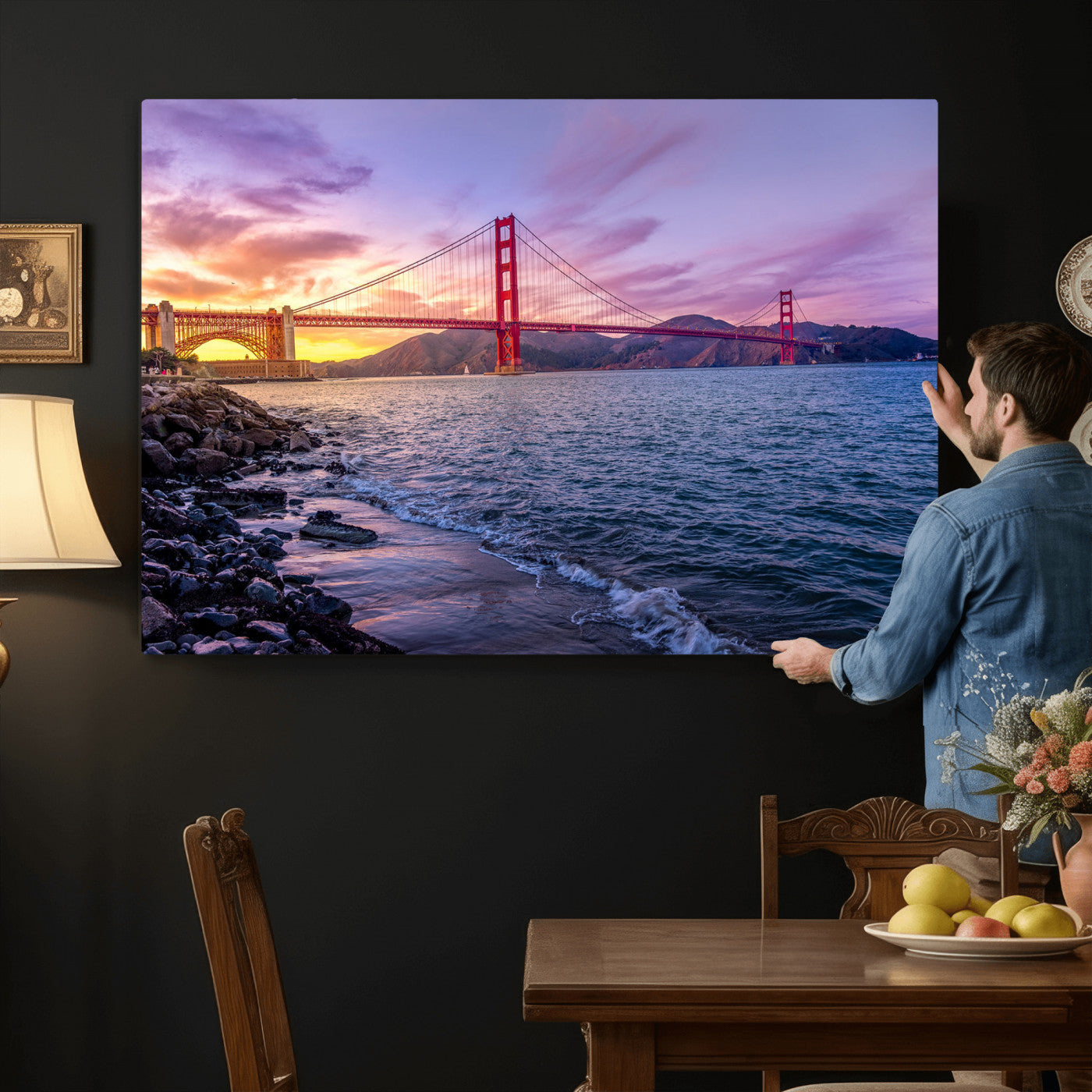 24256-MGV-CV-36X24 - Golden Gate Bridge Wall Art Print, San Francisco Sunset Canvas Wall Art, Cityscape Canvas Print for