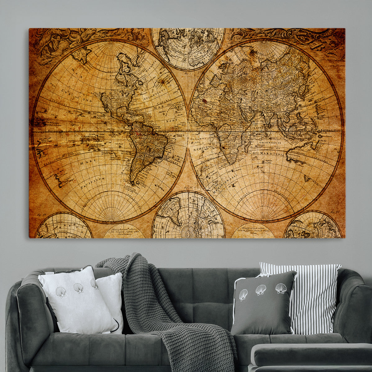 25517-MGV-CV-36X24 - Vintage World Map Canvas Print – Antique Push Pin Travel Map, Framed Wall Art for Home or Office Decor