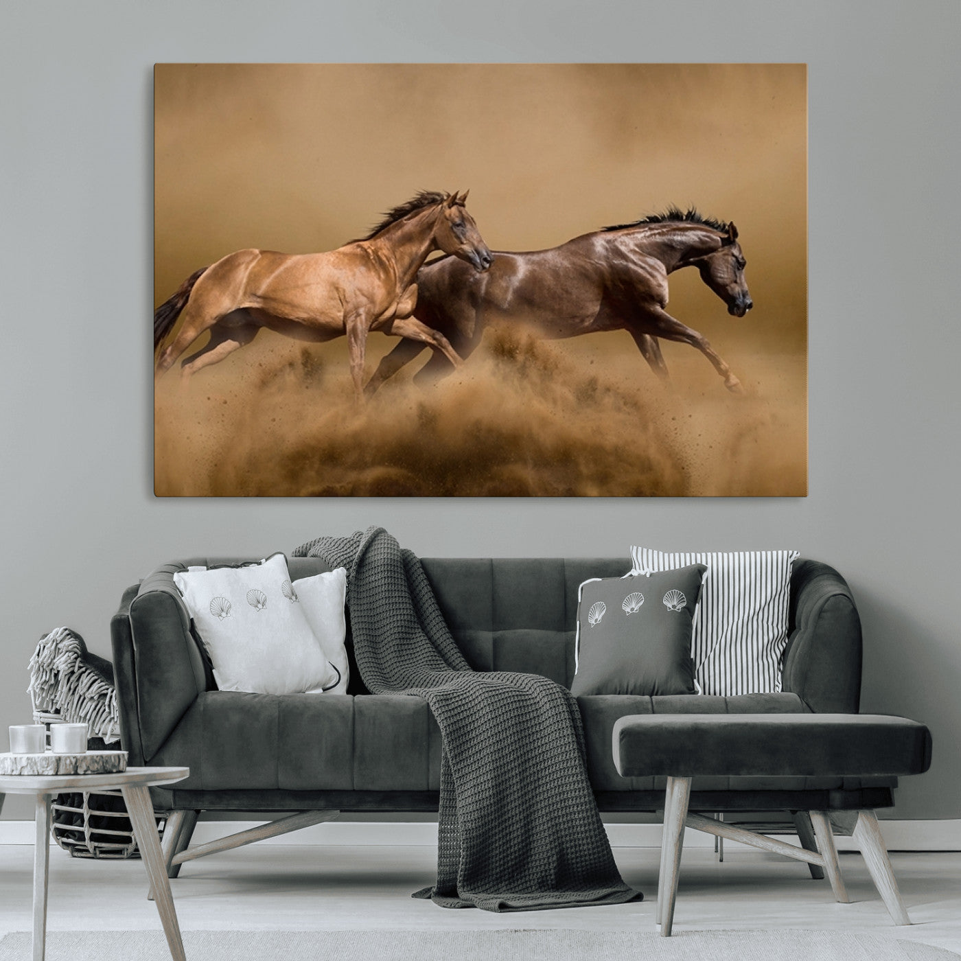 53721-MGV-CV-36X24-Large Wall Art Canvas Print – Two Running Brown Horses Motion Animal Artwork for Home, Office, Living Room Decor